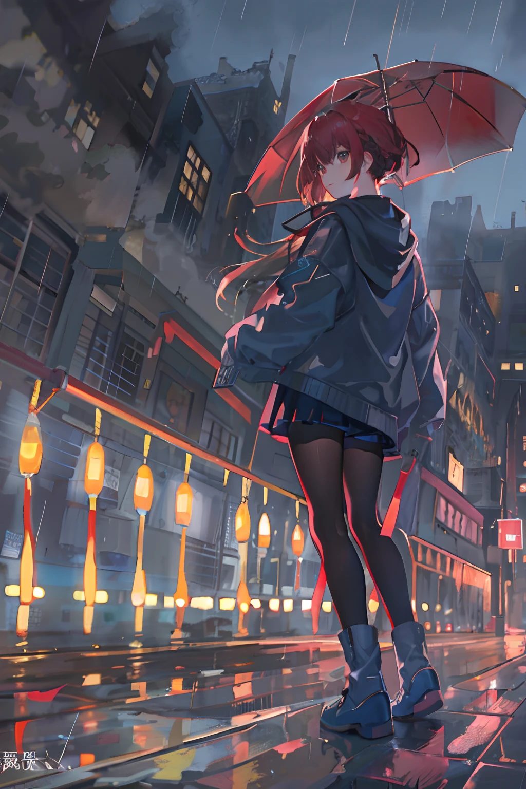 1girl em, jaqueta, Chuva, Ao ar livre, Parca, jaqueta aberta, cadeia, Mochila, Olha outro, hair messy, trending on ArtStation, 8K分辨率, altamente detalhado e anatomicamente correto, Sharp Images, pintura digital, Conceito-Arte, trending on pixiv, Estilo de Makoto Shinkai,uma minissaia、Look at the buttocks、