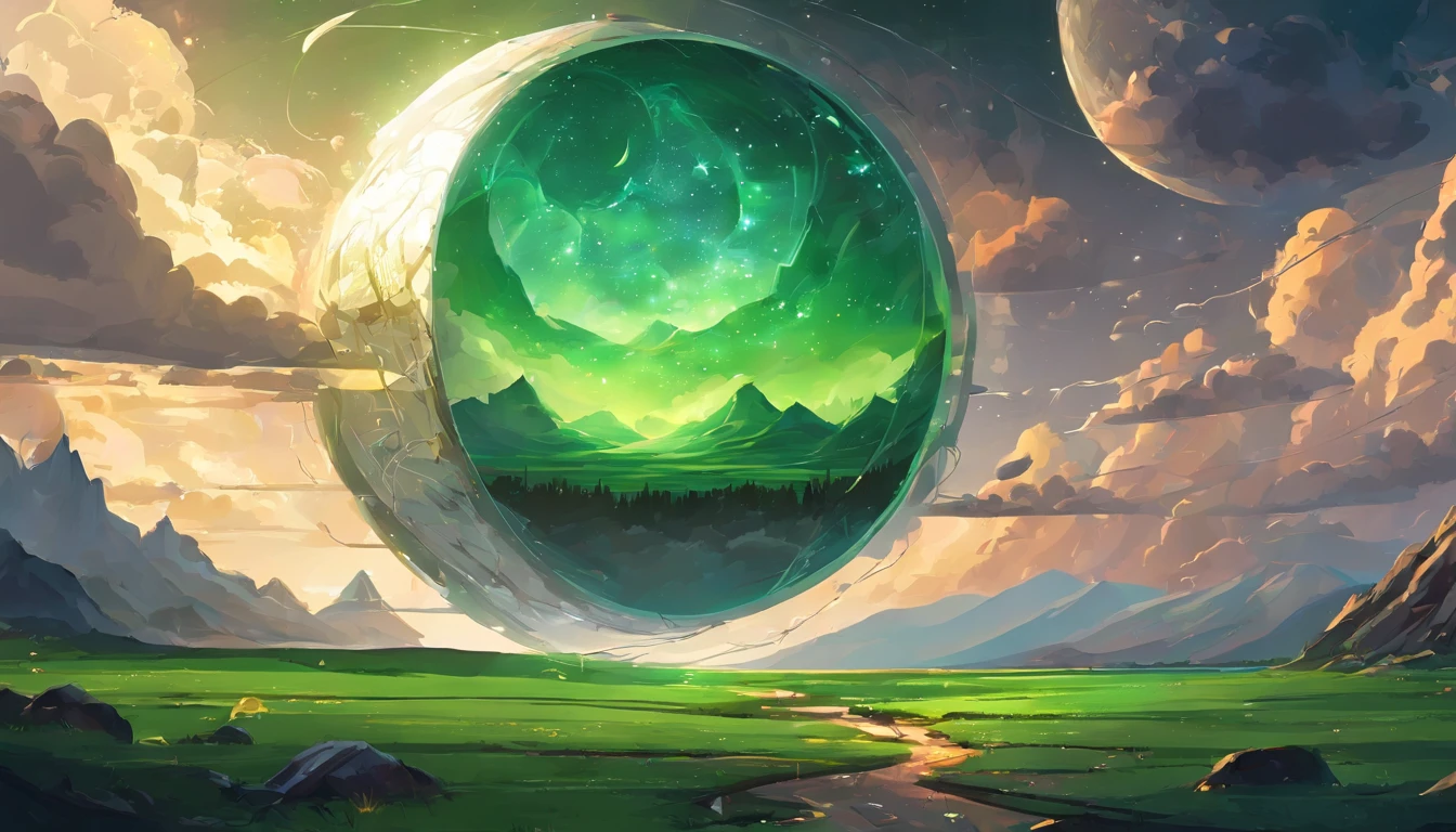 A giant mirror sphere floating in space, clouds, night, dark, starry, dust particles, flickering lights, sad hamster lost (heaven like green fields surrounded by high mountains and clouds:1.3), particles in the air, god rays, stars in the background, intricate fractals, detailed, (illustration), masterpiece, high resolution, best quality.