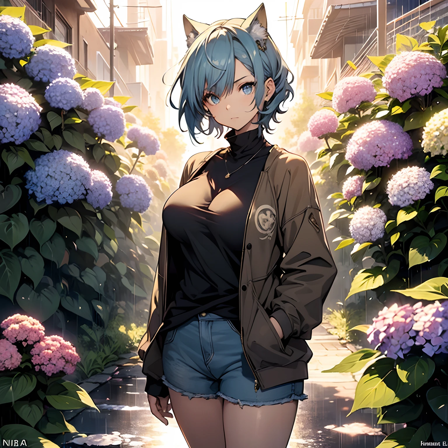 ((masterpiece , best quality)), ((( 1 girl ))), blue hair, cool looking woman, short hair, tomboy, mature woman, expressive eyes, heterochromaia eyes , (perfect female proportions), (very large breasts), women loose shirt, with casual shorts, long legs, skinny legs, slim hips, tomboy, milfication, mature female, casual clothes, the loneliest girl, artistic, inspired, (golden hour, warm light), (rain, sad, Hydrangea, Hortensia), luminism, ethereal, Anime art , Surrealism, a contrast between the realistic and the absurd, Focused on Woman, chaotic, High Creative, Dynamic, informative, High detailing, cinematic, complex background