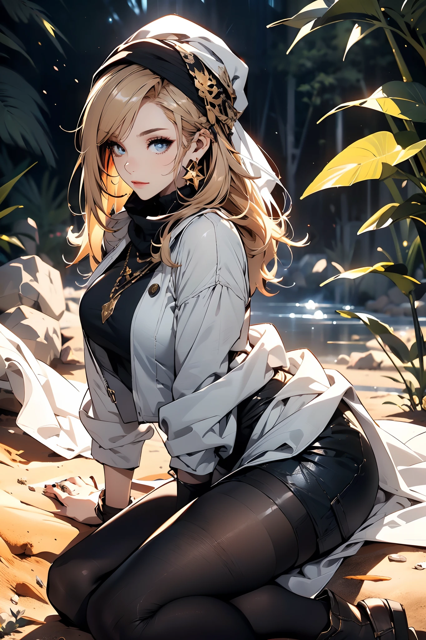 a matured woman with long black hair and a white outfit, ((in a desert:1.5)), (resting in oasis:1.2, at lakeside:1.2, sitting cross-legged:1.0, with Indian style), Arabic, (Post apocalyptic:1.0), from arknights, artwork in the style of guweiz, bodyesbian, fine details. girls frontline, beautiful anime illustration, from girls frontline, by Yang J, stunning, 26 years old, (solo:1.5), (sfw:1.25), sagging breast, large breasts, big tits, thin waist, big ass, Raised sexy, (dark mahogany medium short hair, updo, hair over one eye, asymmetric hair, Carly hair, low tied),(musulman, white Headscarfs, hair bands, head vandage, Turban), (ultra high resolution, 8K RAW photo, photo realistics, weak outline:1.3, clear focus), best qualtiy, natural lighting, blurry back ground, field depth, (Bright pupils, detailed beautiful eyes, high detailed face), Red lip, looking at viewers, (tight focus:1.2, from above), sexy posing, seductive weak smiling, center image, (wearing white long jacket and clothes, wearing white robes, wearing denim short pants, gold ornaments, white clothes rolling around waist, camel-brown long leather boots, translucent lace pantyhose), ((correct anatomy:1.5)), ((outdoor:1.2)),