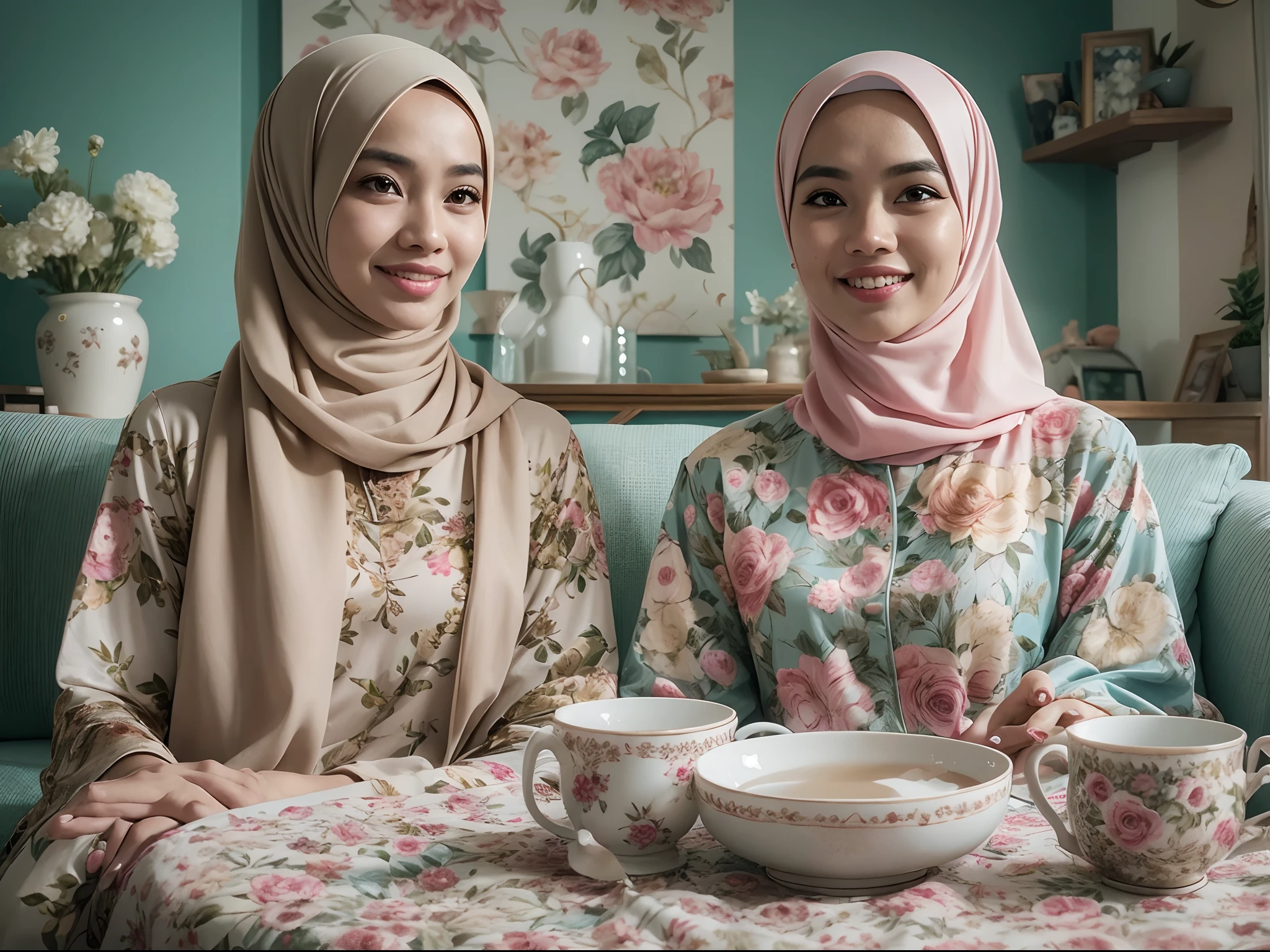 Two malay friends wearing hijabs and floral pattern baju kurung , having tea in a cozy living room. Art style: Photorealistic, pastel color theme,14mm, Wide Angle and Tracking Shots, Long Takes, High Contrast cinematography effect, bright Natural Lighting, Desaturate color grading, high quality, ultra detail, 8k resolution,