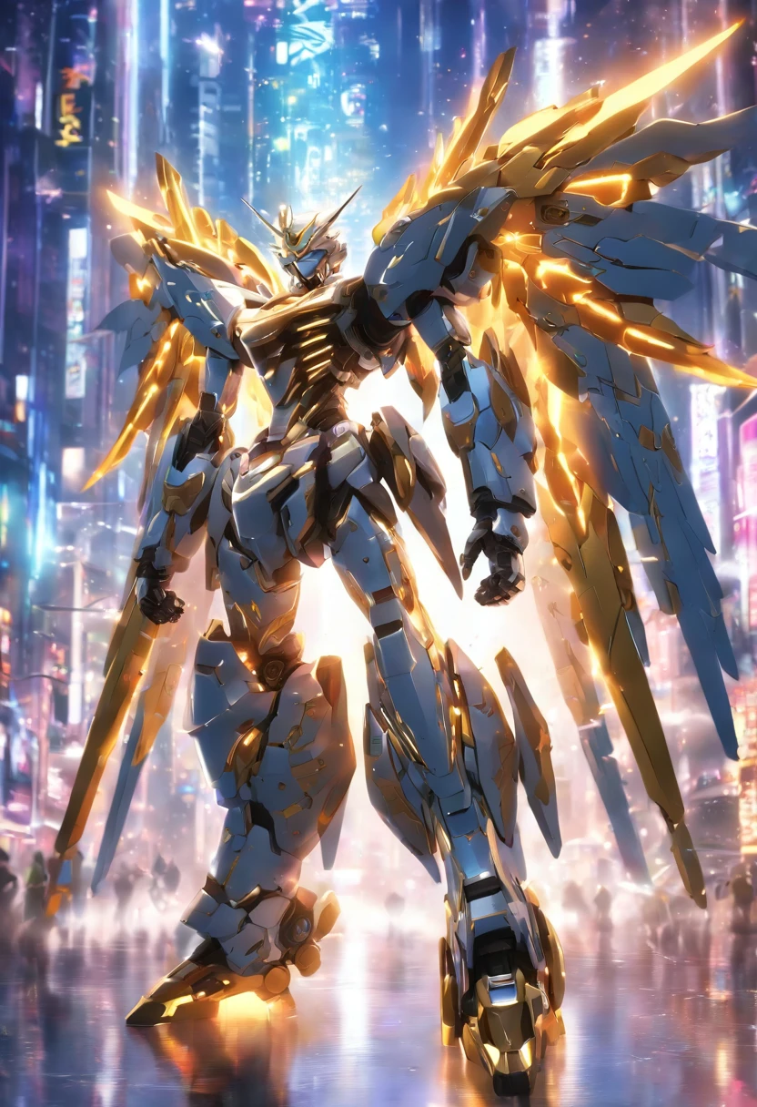 Masterpiece,(beste-Qualit),highly detailed,Ultra-detailed,1fille,(Mechanical wings:golden,Yeux brillants:bleu,gold armour suit:1.2,elongated ears:0.8),(Cyberpunkcity:1.5,arme:EnergyBlade),(Paysage fantastique:1.2,natural lighting:1.5,confidentexpression),(panorama:1.2),mecha, sourire,angle,Anges, Aile,chrome,.RAW