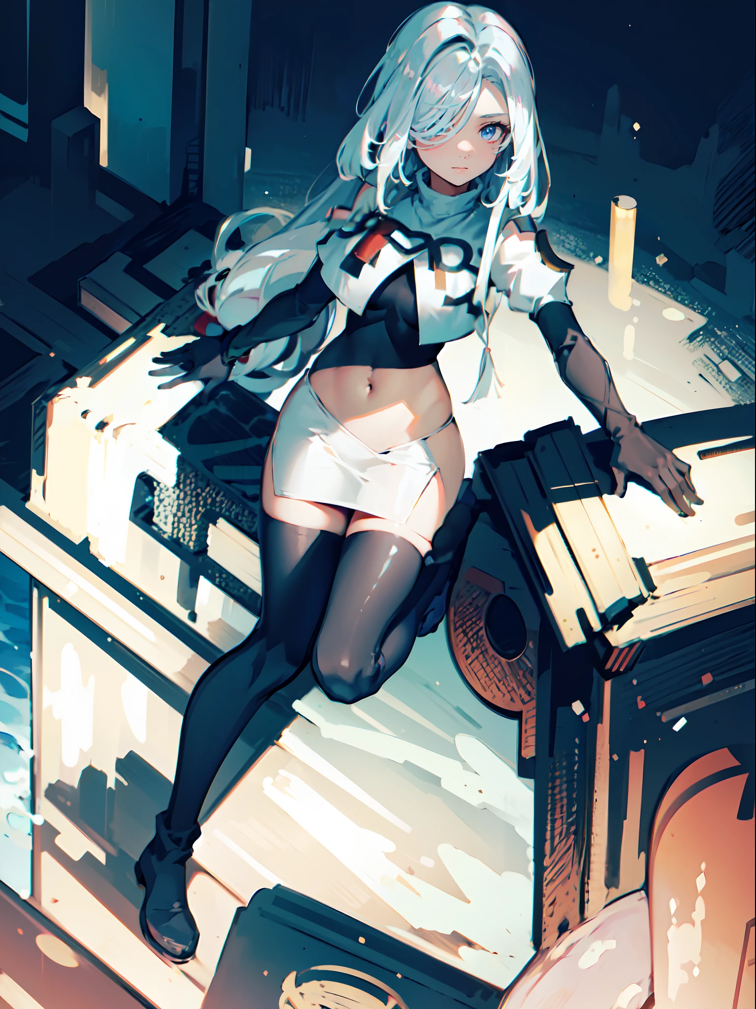 CG, Unity, 8k, wallpaper, highest quality, masterpiece, One girl, Cheerful girl, 17 years old, (Bright smile: 1.2), barefoot, Best lighting, Complex pupil, Complex weaving,Low - Angle,White Hair,Hair covering one eye,whole body,((White background))