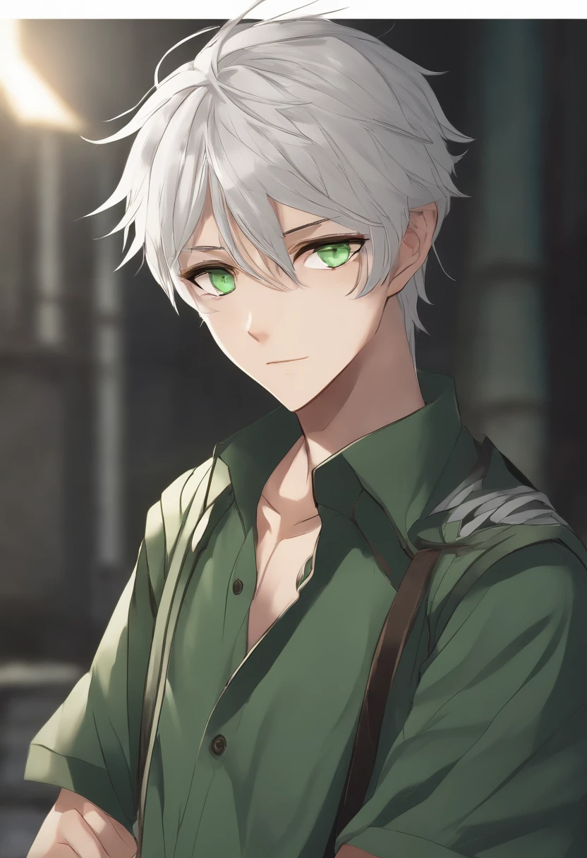 Anime boy medium White hairs light green eyes dark green pupil's green shirt with one light green stripe on the chest , dark grey mittain with white bandage's on it , 13 year old