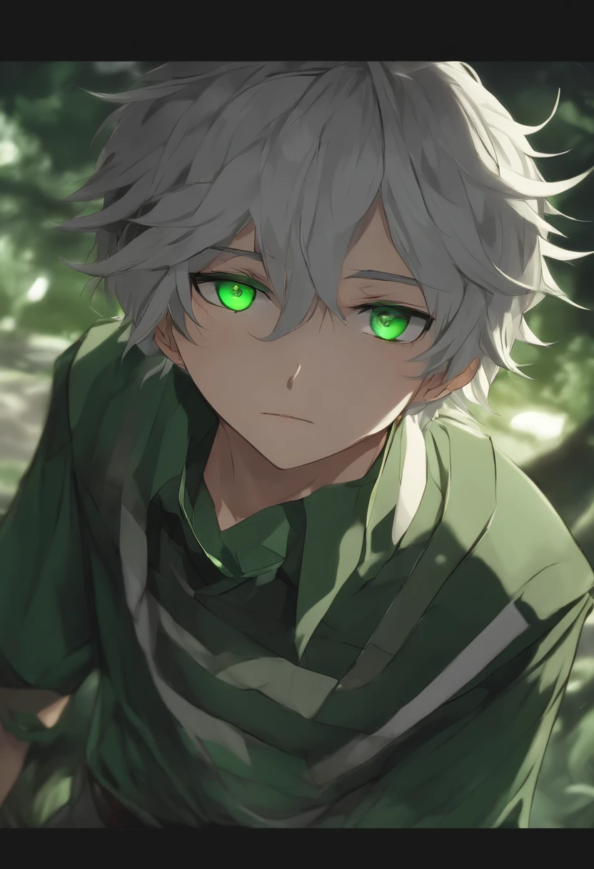 Anime boy medium White hairs light green eyes dark green pupil's green shirt with one light green stripe on the chest , dark grey mittain with white bandage's on it , 