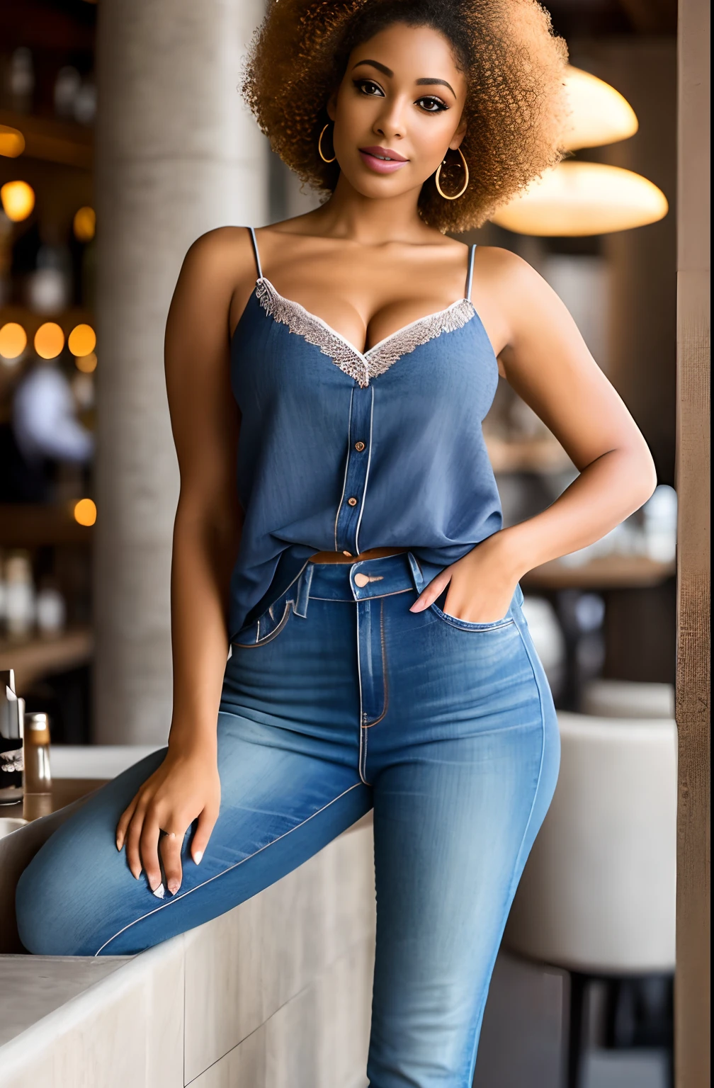 Partrait, Seductive Fdansme, (beau visage:1.1), detailled eyes, Delicious lips, (eyeliner:1.2), (mascara), (Afro blonde luxueuse:1.3), (seins ronds parfaits:1,0), (encolure:1,0), ((Dressed in jeans with a shirt, sans manches:1,3)), (Deep neckline, Rideaux sur la poitrine, revealing clothes, Rideau de bassin, jambe haute, Robe dos Tout de suite,:1,2), dans (Un bars restaurant: 1.2). (Warm sunset lighting: 1,2), profondeur de champ, Bokeh, 4K, Hdr. par (Jacques C. Christensen:1.2 | Jerdansy Lipking:1.1), Tout de suite;