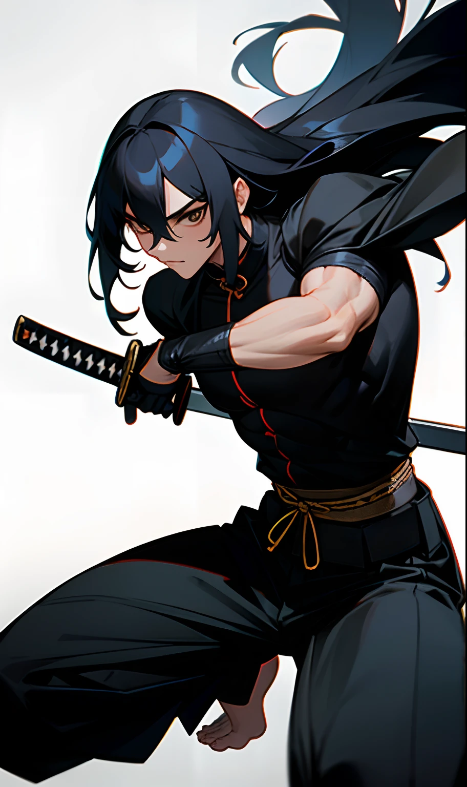 cool anime assassin shirtless guy with black pants and accessories with a katana sword --auto