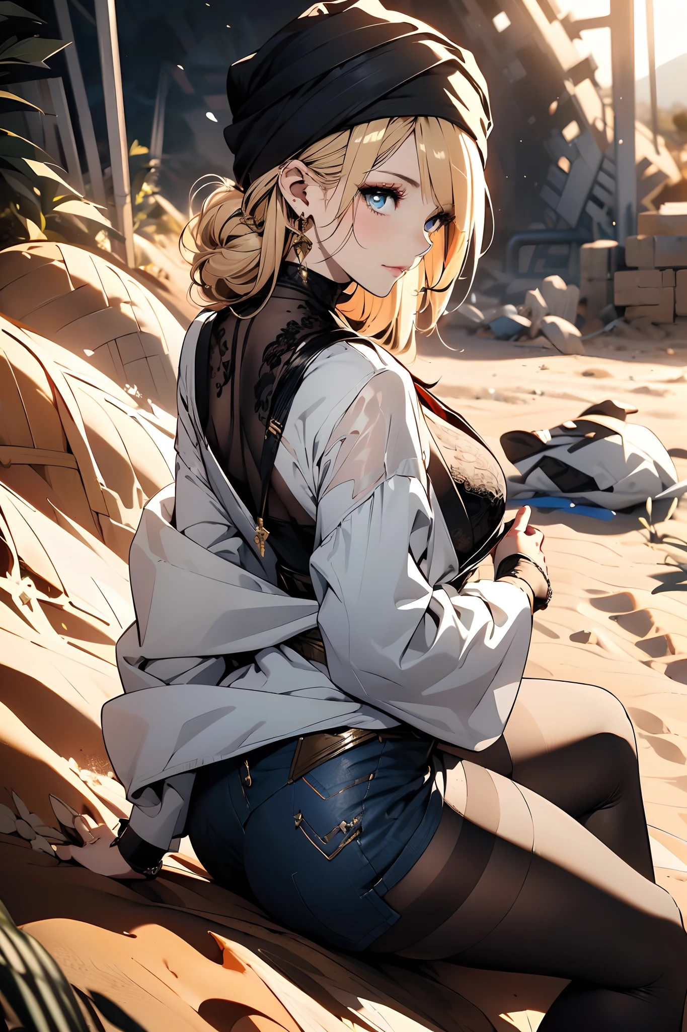 a matured woman with long black hair and a white outfit, ((in a desert:1.5)), (resting in oasis:1.2, at lakeside:1.2, sitting cross-legged:1.0, with Indian style), Arabic, (Post apocalyptic:1.0), from arknights, artwork in the style of guweiz, bodyesbian, fine details. girls frontline, beautiful anime illustration, from girls frontline, by Yang J, stunning, 26 years old, (solo:1.5), (sfw:1.25), sagging breast, large breasts, big tits, thin waist, big ass, Raised sexy, (dark mahogany medium short hair, updo, hair over one eye, asymmetric hair, Carly hair, low tied),(musulman, white Headscarfs, hair bands, head vandage, Turban), (ultra high resolution, 8K RAW photo, photo realistics, weak outline:1.3, clear focus), best qualtiy, natural lighting, blurry back ground, field depth, (Bright pupils, detailed beautiful eyes, high detailed face), Red lip, looking at viewers, (tight focus:1.2, from above), sexy posing, seductive weak smiling, center image, (wearing white long jacket and clothes, wearing white robes, platinum ornaments, white clothes rolling around waist, camel-brown long leather boots, translucent lace pantyhose), ((correct anatomy:1.5)), ((outdoor:1.2)),