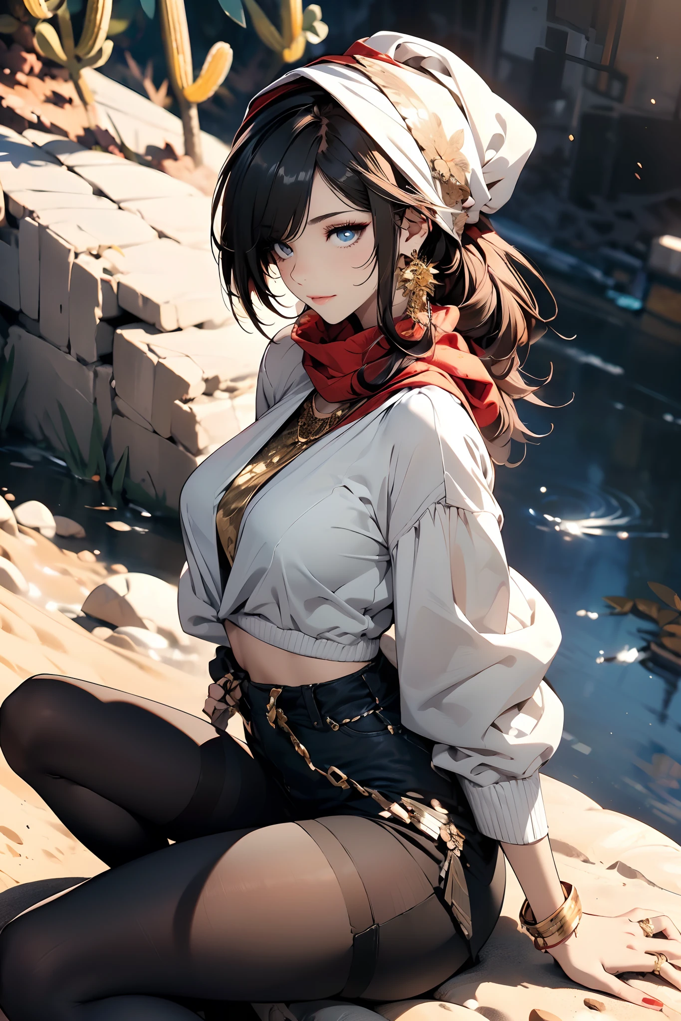 a matured woman with long black hair and a white outfit, ((in a desert:1.5)), (resting in oasis:1.2, at lakeside:1.2, sitting cross-legged:1.0, with Indian style), Arabic, (Post apocalyptic:1.0), from arknights, artwork in the style of guweiz, bodyesbian, fine details. girls frontline, beautiful anime illustration, from girls frontline, by Yang J, stunning, 26 years old, (solo:1.5), (sfw:1.25), sagging breast, large breasts, big tits, thin waist, big ass, Raised sexy, (dark mahogany medium short hair, updo, hair over one eye, asymmetric hair, Carly hair, low tied),(musulman, white Headscarfs, hair bands, head vandage, Turban), (ultra high resolution, 8K RAW photo, photo realistics, weak outline:1.3, clear focus), best qualtiy, natural lighting, blurry back ground, field depth, (Bright pupils, detailed beautiful eyes, high detailed face), Red lip, looking at viewers, (tight focus:1.2, from above), sexy posing, seductive weak smiling, center image, (wearing white long jacket and clothes, wearing white robes, wearing denim short pants, gold ornaments, white clothes rolling around waist, camel-brown long leather boots, translucent lace pantyhose), ((correct anatomy:1.5)), ((outdoor:1.2)),