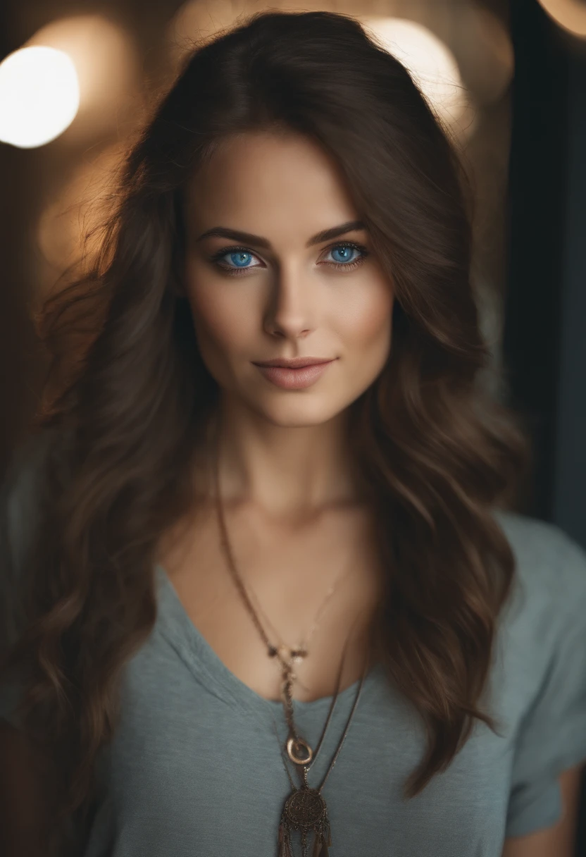 Please generate an image of a young woman wearing a t shirt and a necklace. She has brown hair, big, blue eyes, and a subtle, natural makeup look. The selfie should show her without visible makeup, and she should be looking directly into the camera. The face should appear realistically natural. The full-body shot of this attractive woman should feature a striking pose, and she has piercing blue eyes. The girl has a sweet demeanor, and the pose should also be sweet. Please ensure that the entire body of the woman is visible in the image. The background should be clear and uncluttered. The details of the image should be of high quality