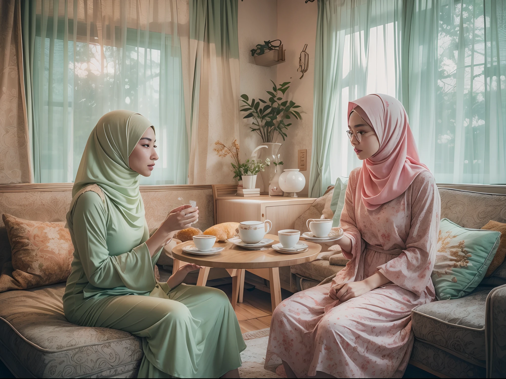 Two malay friends wearing hijabs and baju kurung , having tea in a cozy living room. Art style: Photorealistic, pastel color theme,14mm, Wide Angle and Tracking Shots, Long Takes, High Contrast cinematography effect, bright Natural Lighting, Desaturate color grading, high quality, ultra detail, 8k resolution,