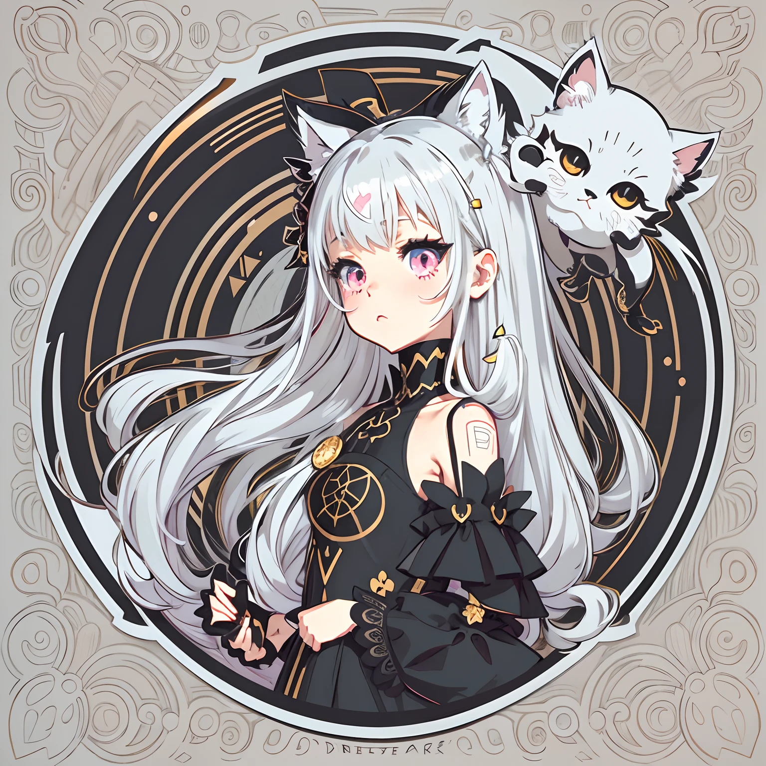 a sticker, Cute anime girl head, Long silvery white hair,Pink eyes,pouty,Black Dress,Black Princess Dresses,There is only one black cat,In a circle, White background, Gold-rimmed,It features a simple, ultra-detailliert, Detailed drawing, vectorized, silhuette, 8K, professional sticker design, Flat design, Vector lines, a sticker, Drawing, Drawing, Full-HD,Straight twin-tailed hairstyle