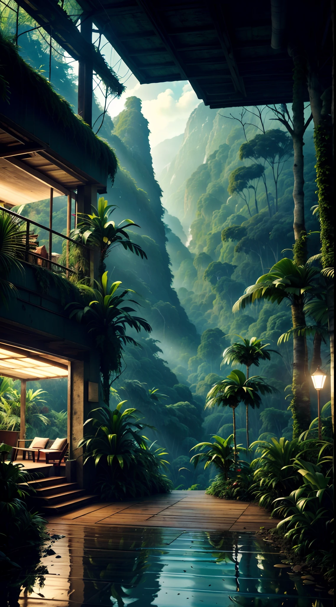 Sala de estar com vista para uma montanha e uma floresta, mountainous jungle setting, jungle setting, Como uma cena de Blade Runner, magical ambiance, pintura escura ultrarrealista, em um ambiente de selva, pleasant environment, floresta nublada, Selva bonita, ambiente mal-humorado, Selva exuberante, Inside an alien jungle, Plantas e selva, montanhas da floresta tropical, ambiente relaxante