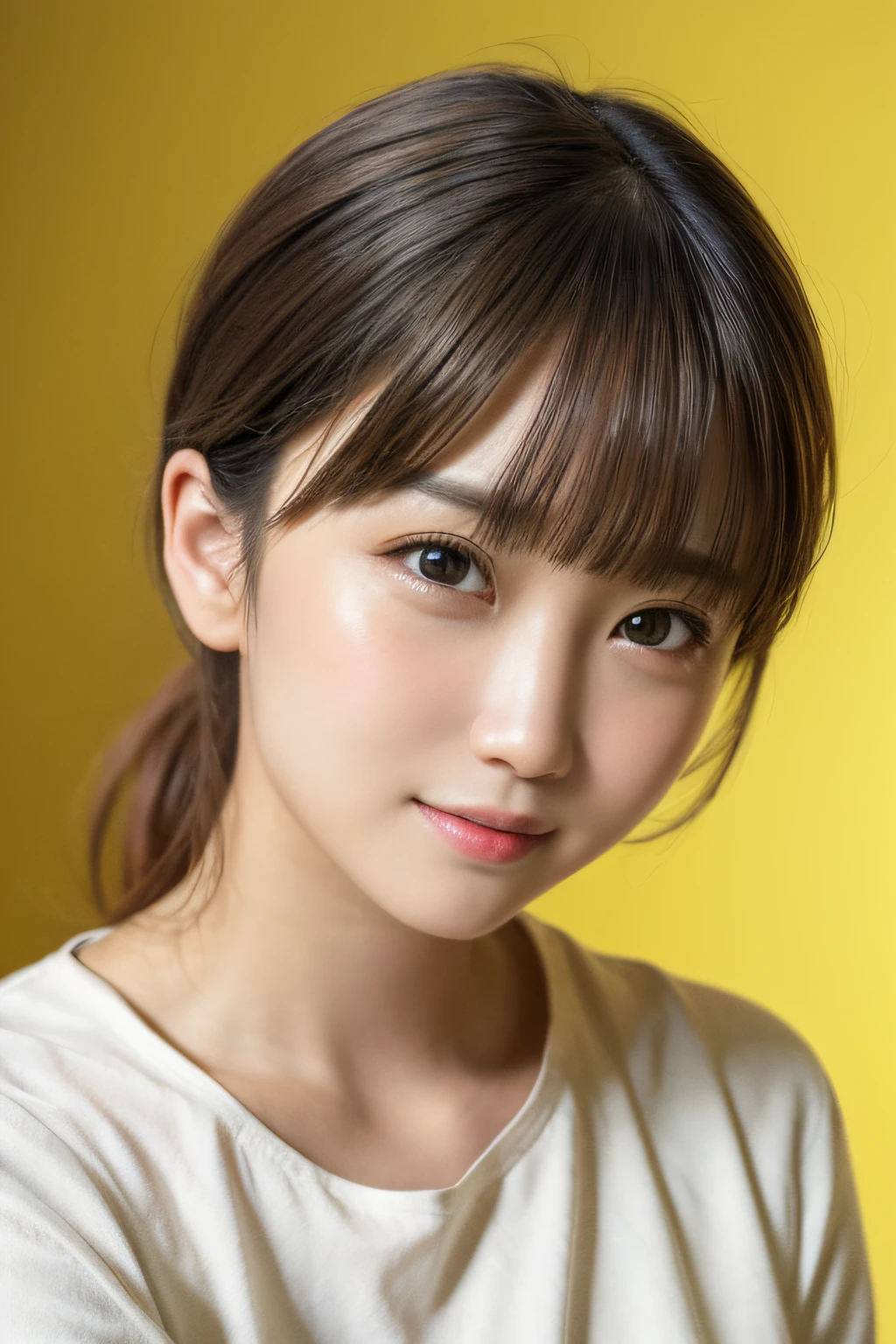 ​masterpiece, top-quality, 8K, absurderes, (The upper part of the body:1.4), white  shirt, beautiful a girl, Clean face, looking at the viewers, a smile, A hyper-realistic, hight resolution, a picture, film grains, chromatic abberation, foco nítido, HDR, face lights, Dynamic lighting, 电影灯光, Professional Shadows, simple background, (Dull yellow background:1.4), highestdetailed, ighly detailed, ultra-detailliert, finely detail, authentic skin, delicated facial features, detailed faces and eyes, Sharp pupils、Realistic pupils、twintails hair style,