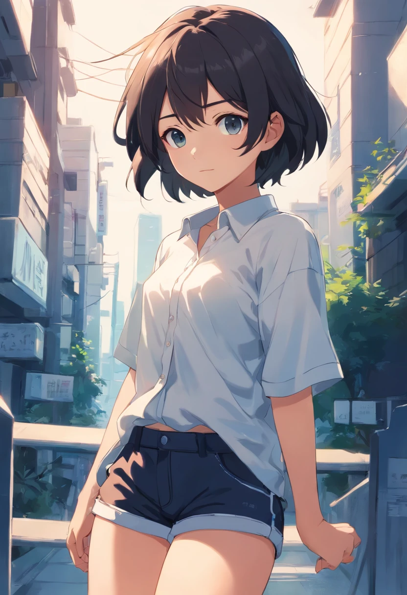 a black and white anime style girl in belly shirt and short shorts cartoon style black and white anime style simplistick