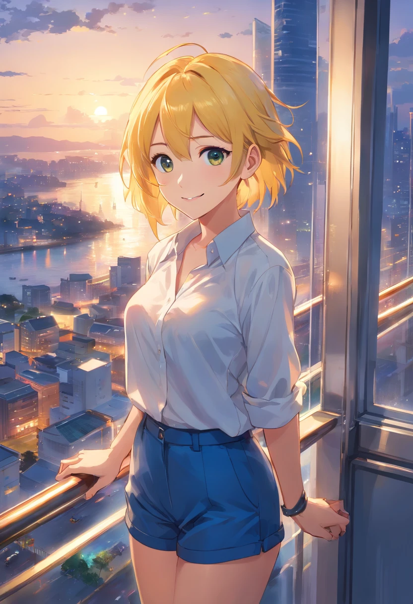 ((Best Quality)), ((Masterpiece)), (((ultra realisic)), ((night time)), Jim Lee's gentle oil paintings with majestic details, Against the backdrop of the city, high-rise building, Neon Advertising Signs, A hyper-realistic, Hyundai Cars, umbrella, Realistic reflections, HDR, 8K,Cute Girl, 19yeas old, Blue Eyes, Yellow hair, thin body, Spiky face, clothed in white shirt, Wearing blue pants, ocean, Smile, Masterpiece, , Attractive , Medium Tits, (Girl looking at the city from the window)