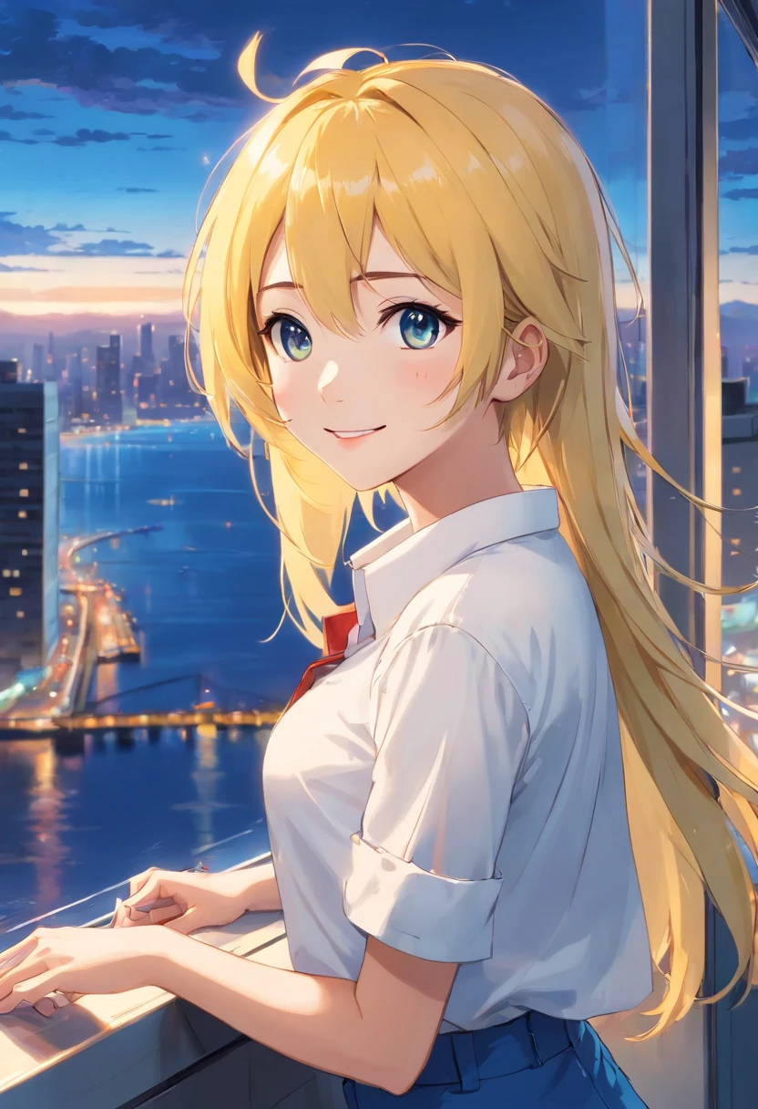 ((Best Quality)), ((Masterpiece)), (((ultra realisic)), ((night time)), Jim Lee's gentle oil paintings with majestic details, Against the backdrop of the city, high-rise building, Neon Advertising Signs, A hyper-realistic, Hyundai Cars, umbrella, Realistic reflections, HDR, 8K,Cute Girl, 19yeas old, Blue Eyes, Yellow hair, thin body, Spiky face, clothed in white shirt, Wearing blue pants, ocean, Smile, Masterpiece, , Attractive , Medium Tits, (Girl looking at the city from the window)