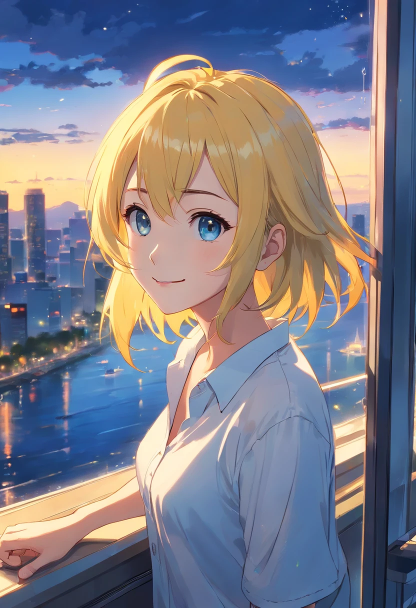 ((Best Quality)), ((Masterpiece)), (((ultra realisic)), ((night time)), Jim Lee's gentle oil paintings with majestic details, Against the backdrop of the city, high-rise building, Neon Advertising Signs, A hyper-realistic, Hyundai Cars, umbrella, Realistic reflections, HDR, 8K,Cute Girl, 19yeas old, Blue Eyes, Yellow hair, thin body, Spiky face, clothed in white shirt, Wearing blue pants, ocean, Smile, Masterpiece, , Attractive , Medium Tits, (Girl looking at the city from the window)