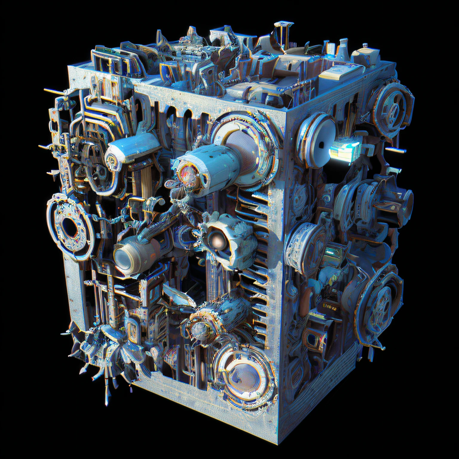 there is a 3d image of a machine with a lot of pipes, epic 3 d abstract model, intricate artwork. octane render, intricate machine in space, mechanical morph engine, thomas veyrat intricate, depicted as a 3 d render, abstract fractal automaton, cycles4d render, maya engine, greeble, intricate 3 d illustration, greeble!!