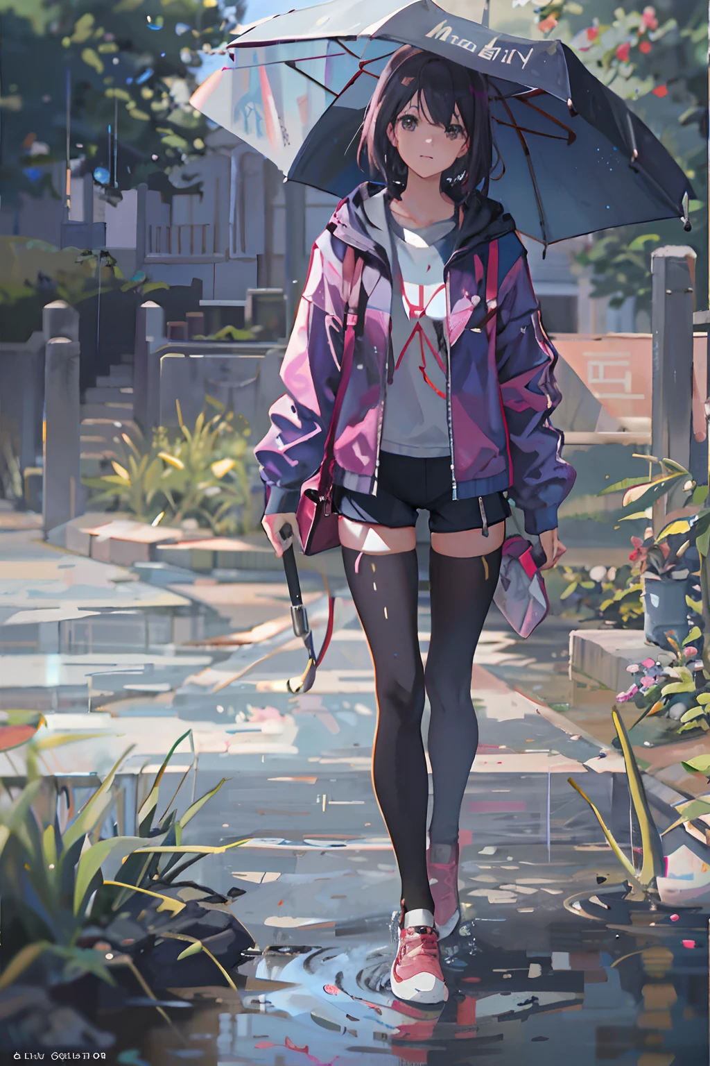1girl em, jaqueta, Chuva, ao ar livre, parque, jaqueta aberta, cadeia, mochila, Olha outro, hair messy, trending on ArtStation, 8K分辨率, altamente detalhado e anatomicamente correto, Sharp Images, Pintura digital, conceito-arte, trending on pixiv, Estilo Makoto Shinkai,uma minissaia、Look at the buttocks、
