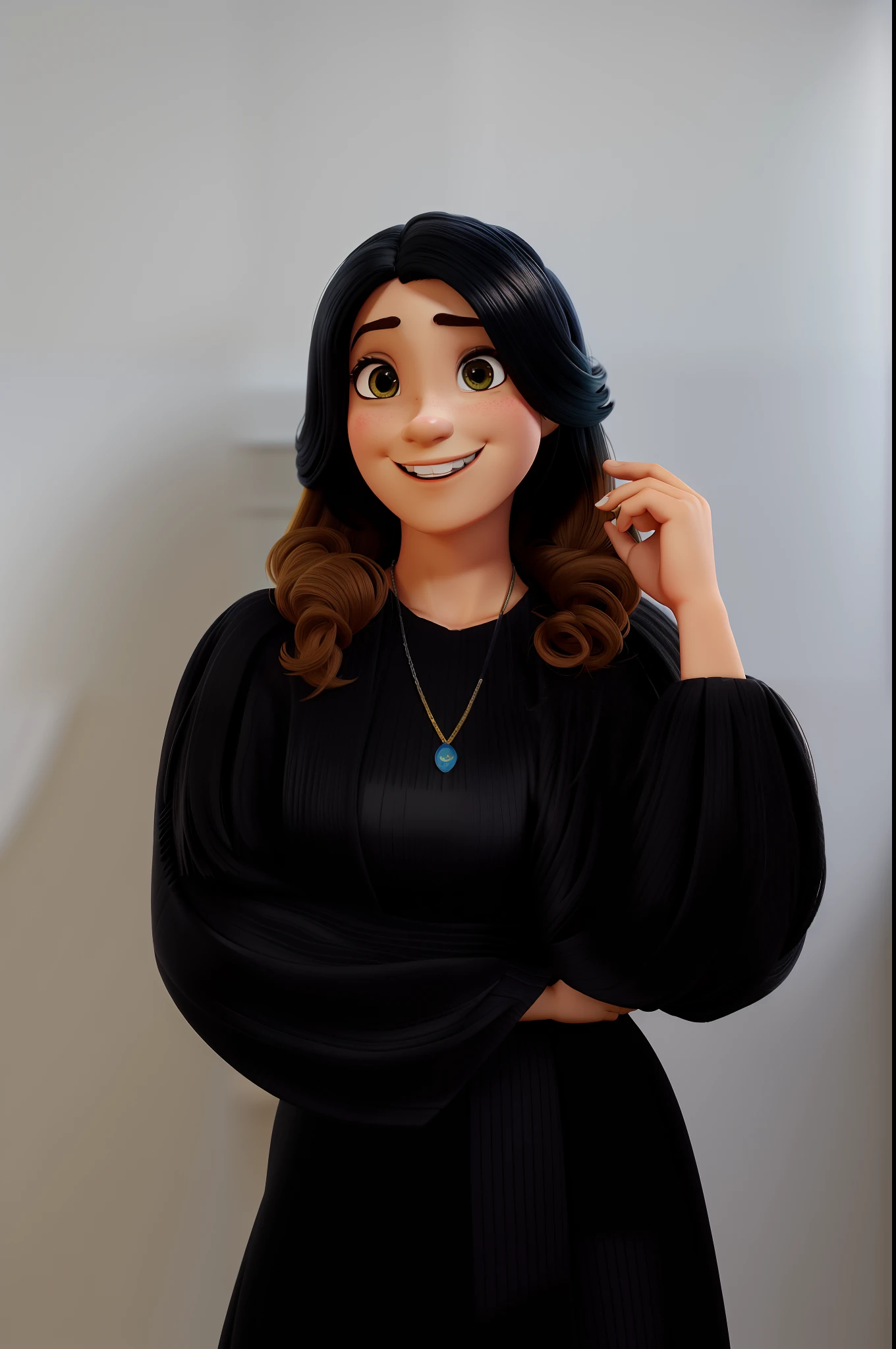 uma mulher advogada, com sorriso bonito, cabelo liso, olhos escuros, estilo disney pixar 3d, fundo de uma biblioteca, melhor qualidade, alta qualidade
