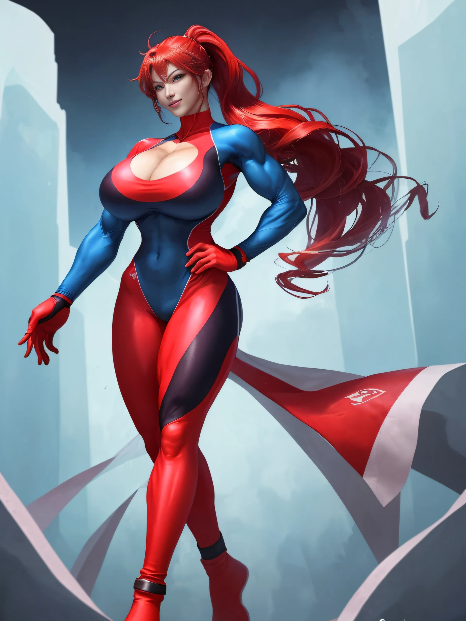 resplendent smile、1 Women's Fitness Model、Huge chest on the verge of bursting、thin and long legs、abdominals、musculature、racing suit、Half Japan and half American.、25-years old、Height 175cm、Good at sports、blue eyes、Red hair、Pony tail、glistning skin、blue eyes、Pose ready to fight、full-body view