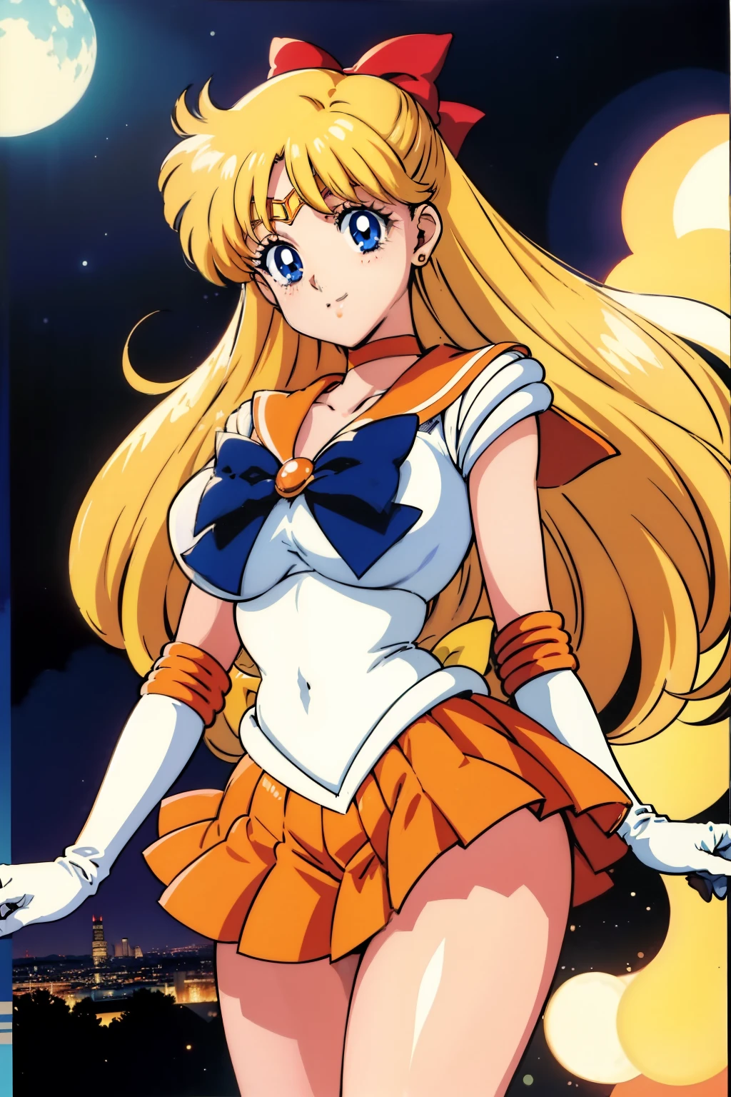 1990s anime cels style, Best Quality, High resolution, large breasts, sv1, sailor senshi uniform, orange skirt, elbow gloves, tiara, pleated skirt, orange sailor collar, red bow, orange choker, white gloves, jewelry, smile, night