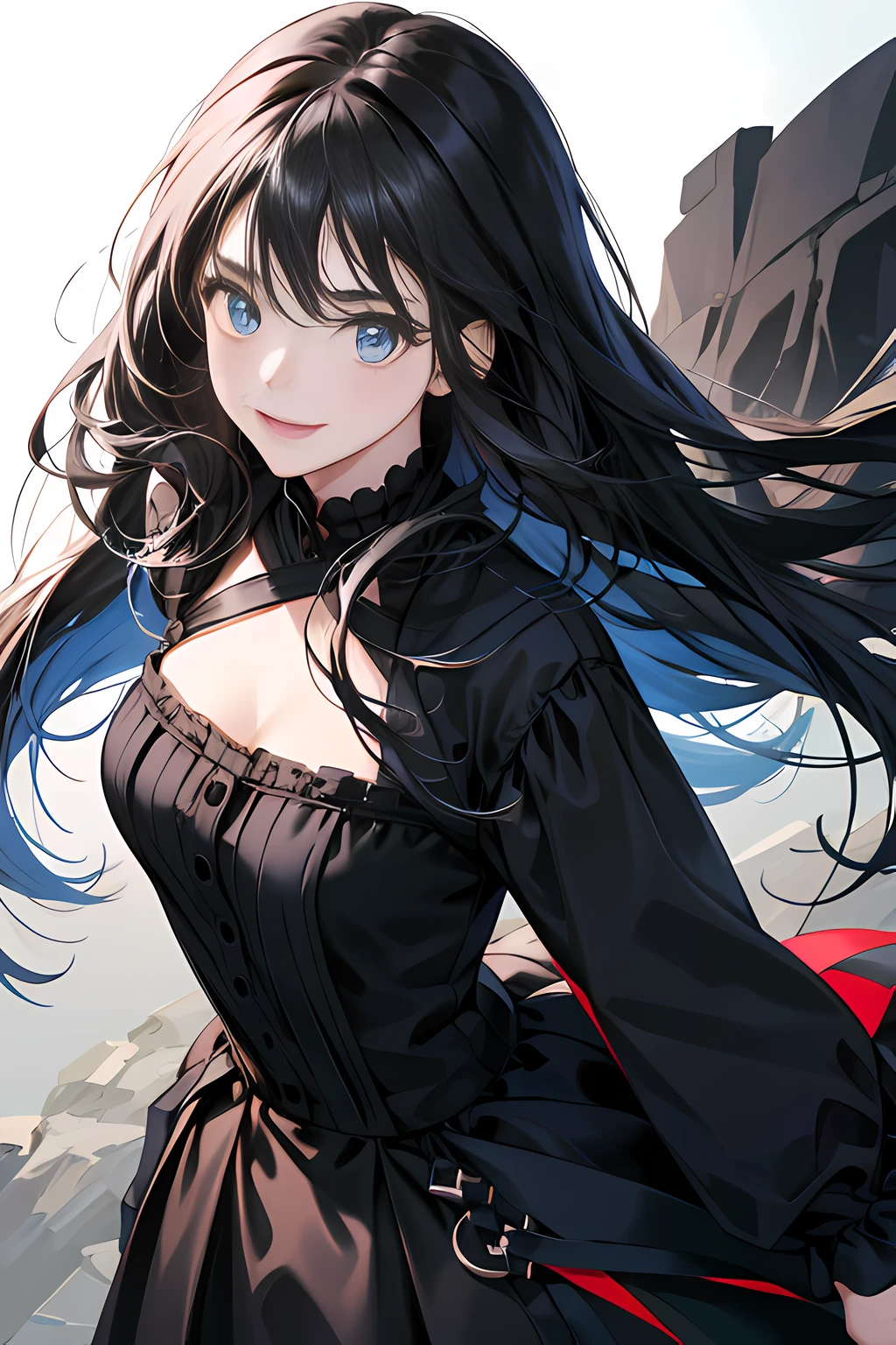 1 girl, high res, long black hair, blue eyes, wearing cute black dress, happy and enjoy, loving, motivated, brave, light background, ultrasharp, 8K, masterpiece