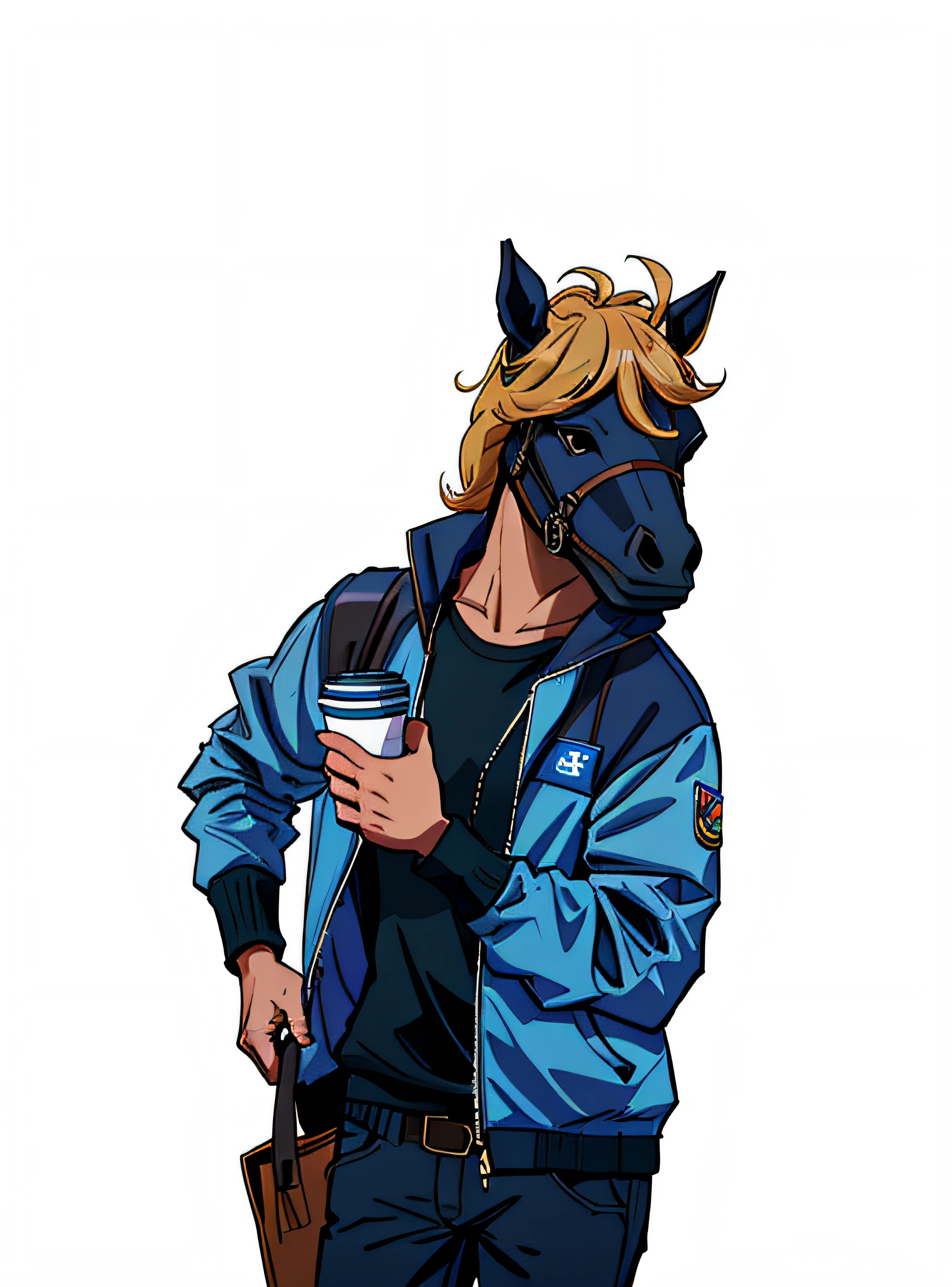 there is a man wearing a horse mask and a jacket, guy with horse head, man in horse costume, bojack horseman in real life, horse in costume astronaut, portrait of bojack horseman, bojack horseman, anthropomorphic horse, man turning into pony, horse, as a fortnite character, tpose, high school mascot, 🦑 design, city background, light, 8k light, downtown, people, blue moon,