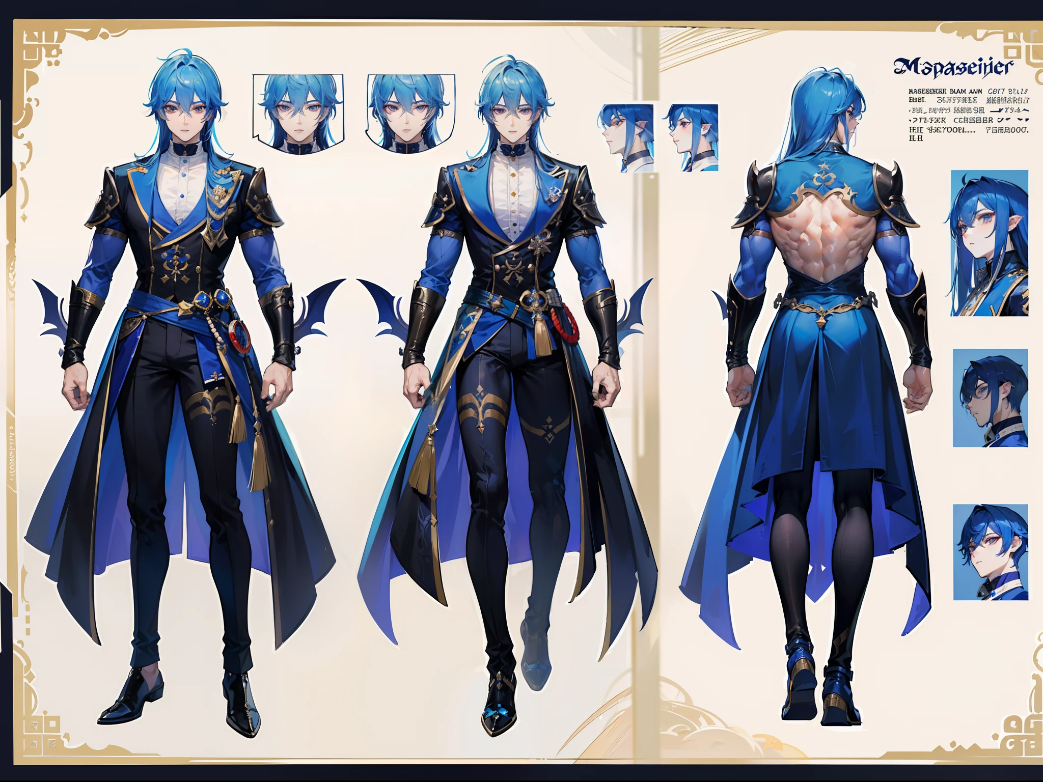 (Masterpiece, best quality), detailed, 1 man, ((character concept art)), ((character design sheet, same character, front, side, back)), full body, body complete, 1 Male angel, 1 Man angel, Detailed face, character design sheet,full bodyesbian, Highly detailed, character sheet, character design, Many parts, dark skin, angel wings, long ponytail blue hair, angel outfit, muscle male god, male clothes, masculine, muscle man, male muscle, manly, male angel, Muscle male long ponytail blue hair,beautiful man, beautiful muscle man, abs, pectoral muscle