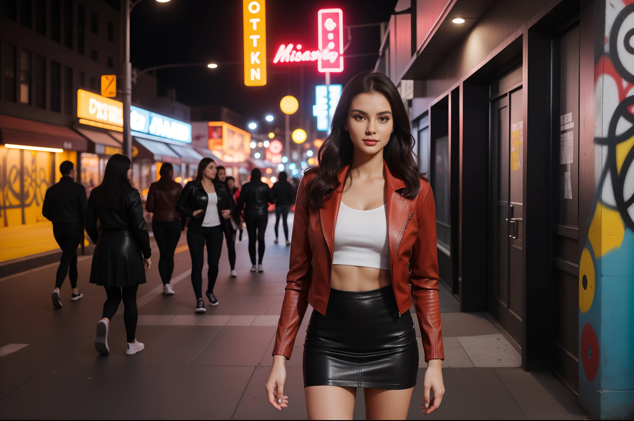 ((full-body, cinematic-shot)),(best quality,4k,8k,highres,masterpiece:1.2),ultra-detailed,(realistic,photorealistic,photo-realistic:1.37),(((1girl))),(((solo))),(18years old),[the face is combination of (((irene1:1.2))) and (((Excella_er5:1.2)))],(sharp focus:1.5),beautiful detailed brown eyes,pearl skin,(skin pores:1.1),extremely detailed face and skin texture,(skin texture:1.1),black hair,tall and slender body,(192cm tall),thin and delicate figure,graceful posture,strong and defined muscles,flawless skin,defined abs,perfect curves,feminine appearance,beautiful long legs,embodying elegance and beauty,cleavage breasts,((wearing a red color leather jacket:1.3)),(no panty),(ultra-short mini-skirt),vibrant colors,extremely detailed and realistic (red) clothes,(colorful),(film grain:1.3),one naughty girl in the dark-night of New York city,torn jeans skirt,playful eyes,dynamic pose,stylish outfit,vibrant urban scenery,graffiti art,mismatched colorful walls,neon lights,(late night atmosphere),fast-paced lifestyle,energetic,modern cityscape,hustle and bustle,expressive graffiti,happy-go-lucky attitude,freedom of self-expression,adventurous spirit,streets filled with life,youthful energy,street fashion,gritty feel,urban exploration,trendy accessories,lively colors,(nightlife vibes),colorful palette,playful mischief,dynamic brushstrokes,contrasting textures,energetic atmosphere,bold expressions,contemporary urban art,city lights,edgy style,urban playground,exploring hidden corners,diverse urban culture,professional photography.