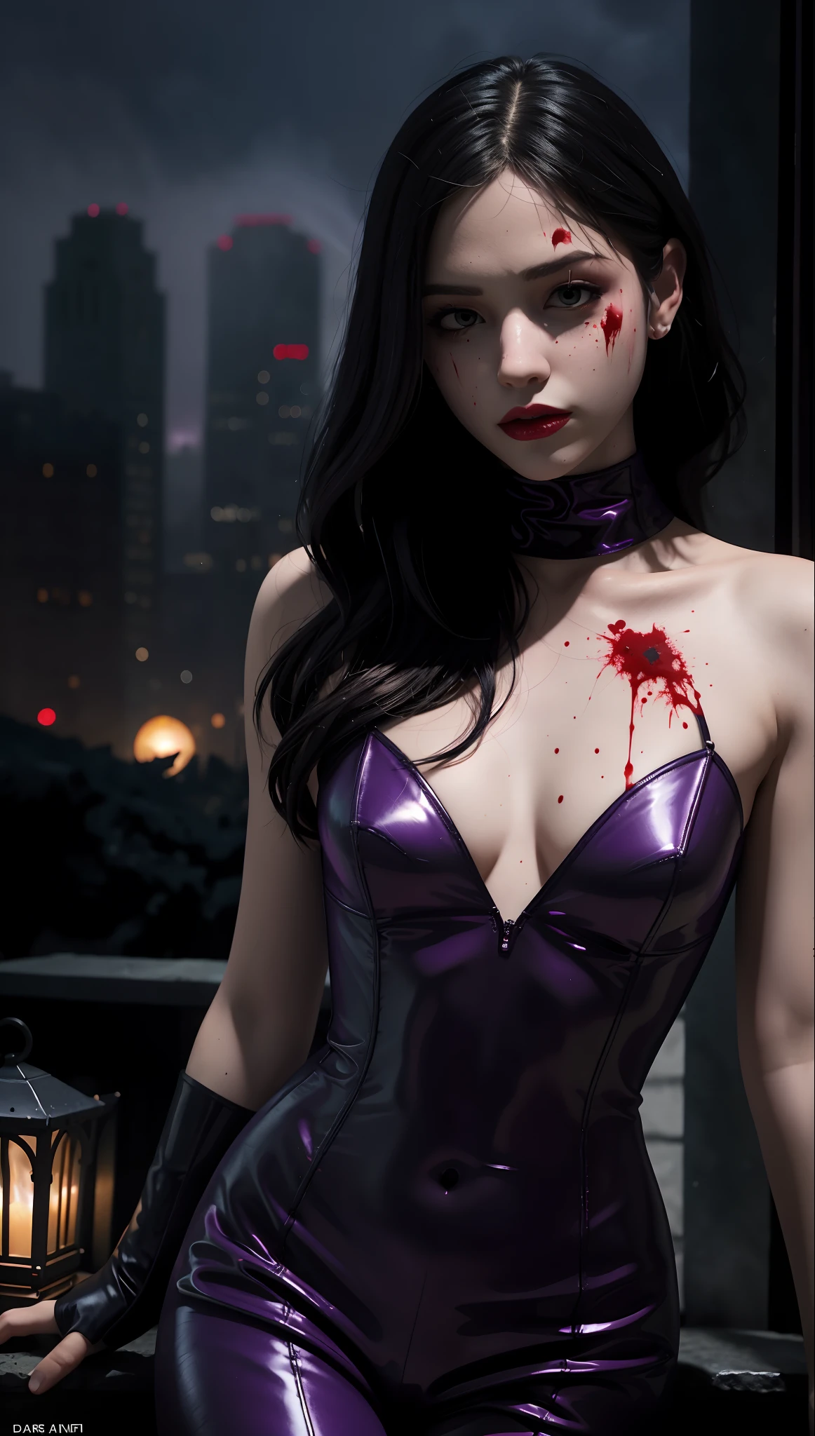 DC comic cover,pulp comic DC cards, 1girl, catwoman official comic, Intimidating presence,((Blood splattered)),Dark and mysterious, from high red Moonlight illuminates the scene,(Dimly lit city), Old stone building,dark-purple palette, glowing black light ,Subtle Red and black , Crumbling tombstones, high floor,mystical aura,(the bats:1.1), purple smoke effects, overhead, Enchanting atmosphere. Inspired in Richard Corben art to DC comics cover