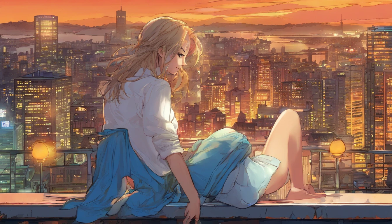 ((Best Quality)), ((Masterpiece)), (((ultra realisic)), ((night time)), Jim Lee's gentle oil paintings with majestic details, Against the backdrop of the city, high-rise building, Neon Advertising Signs, A hyper-realistic, umbrella, Realistic reflections, HDR, 8K,Cute Girl, 19yeas old, Blue Eyes, Yellow hair, thin body, Spiky face, clothed in white shirt, Wearing blue pants, ocean, Smile, Masterpiece, , Attractive , Medium Tits, (Girl looking at the city from the window)