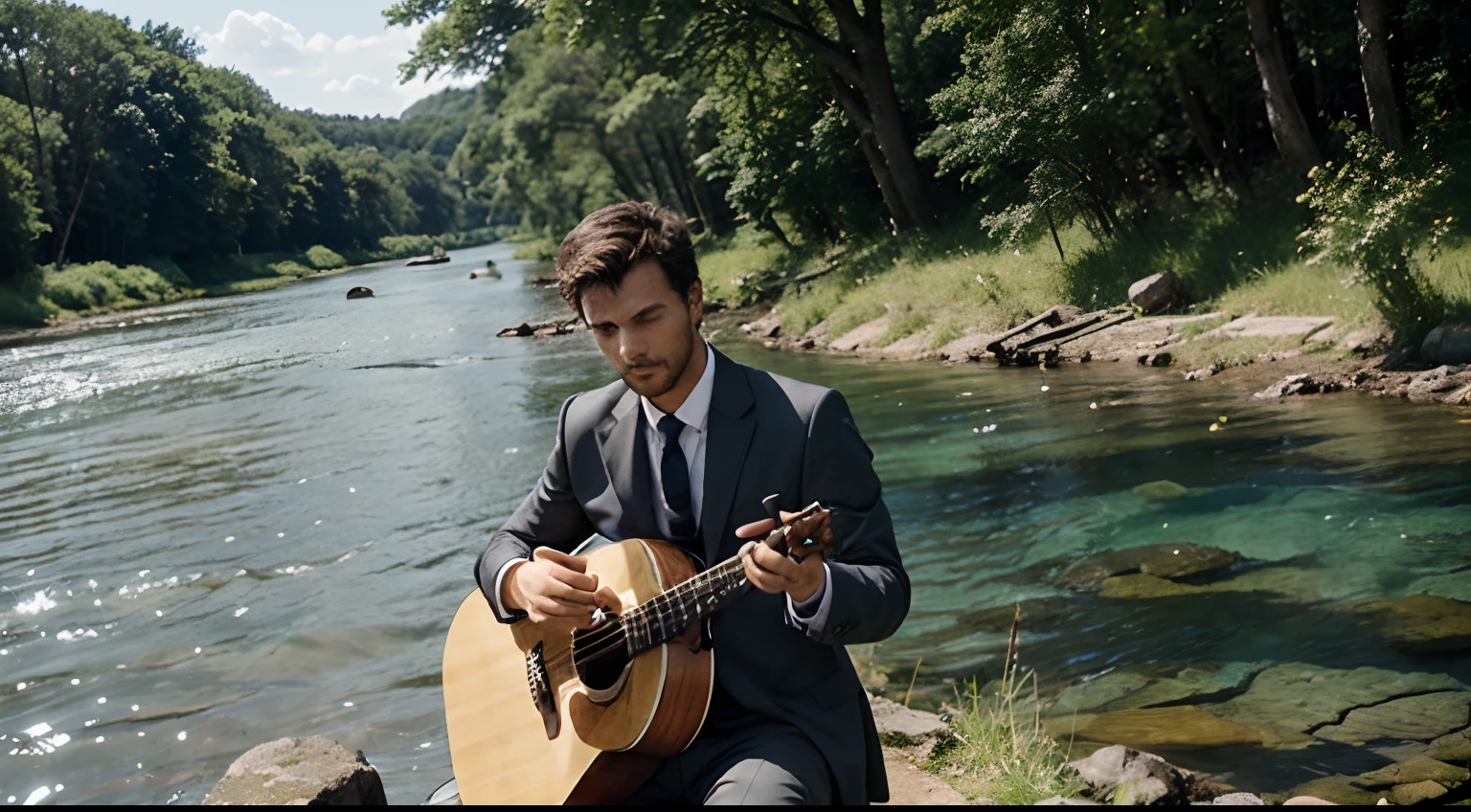 Stoic man well dressed and playing an acoustic drum, and with a beautiful view of nature and a crystal clear river with several trees and an open field