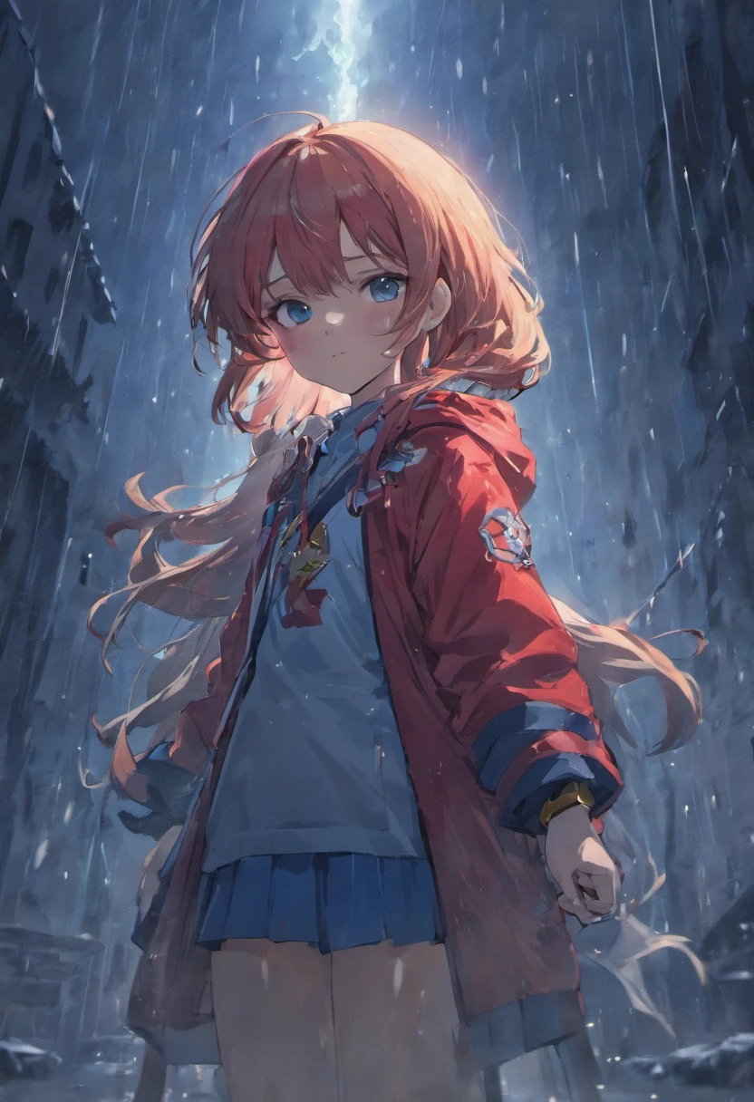 8 yo girl, Holding a sword, red Jacket, long hair, blue, beautiful face, rain, roof, masterpiece, intricate detail, perfect anatomy