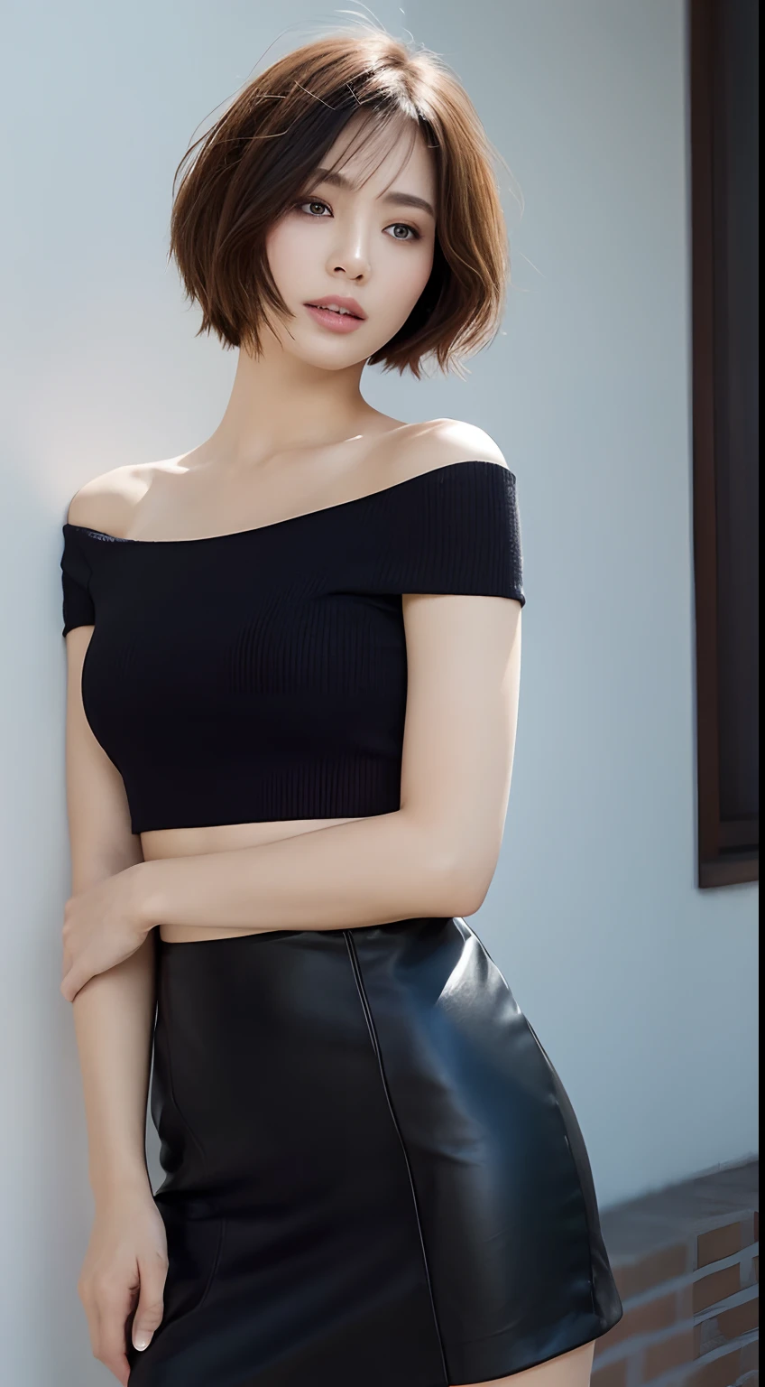 (best qualtiy,A high resolution,tmasterpiece:1.2)Beautuful Women、short detailed hair、Black top、a skirt。
