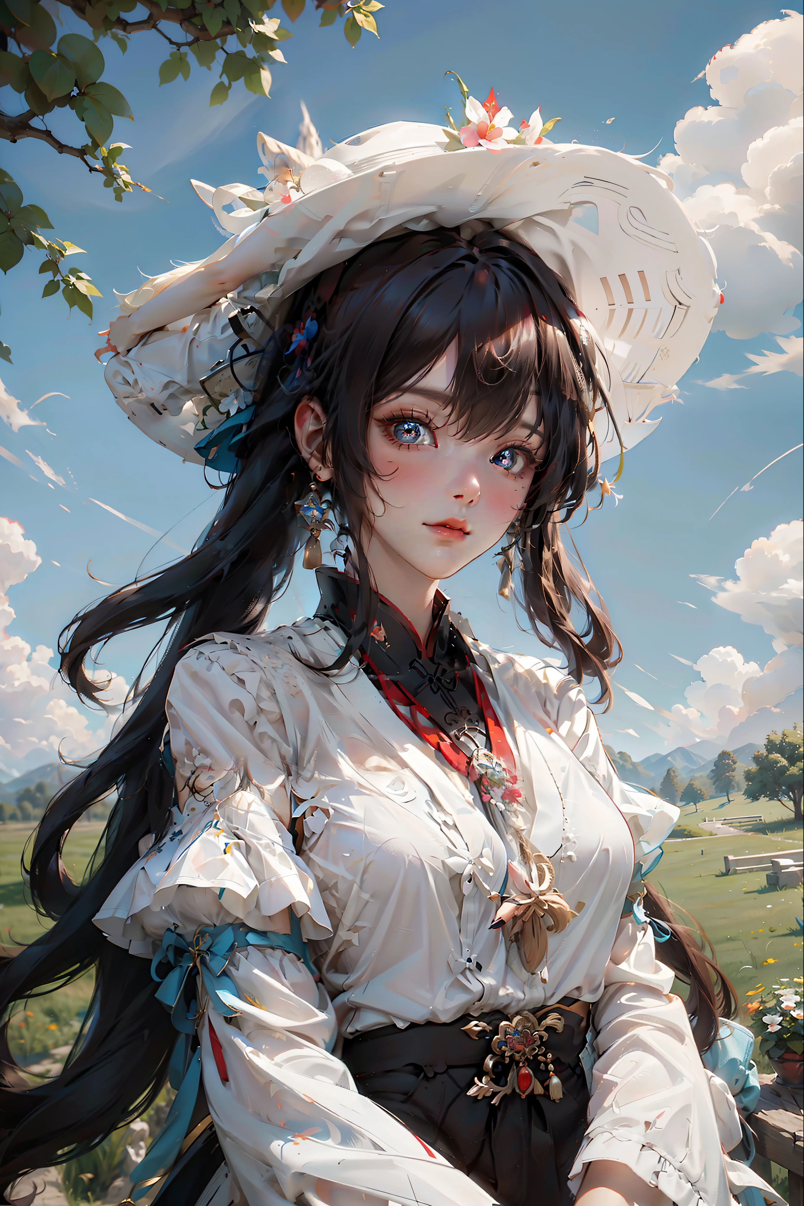 《Genshin Impact》hu tao, White background, leisure wear, Casual T-shirt, Cute pose, large grassland, Beautiful woman in a sun hat standing on the prairie, Large clouds, Blue sky, louka, forest, hillside, secluded, tourist attraction, high definition detail, Hyper-detailing, Cinematic, surrealism, Soft light, Deep field focus bokeh, Ray tracing and surrealism. --v6