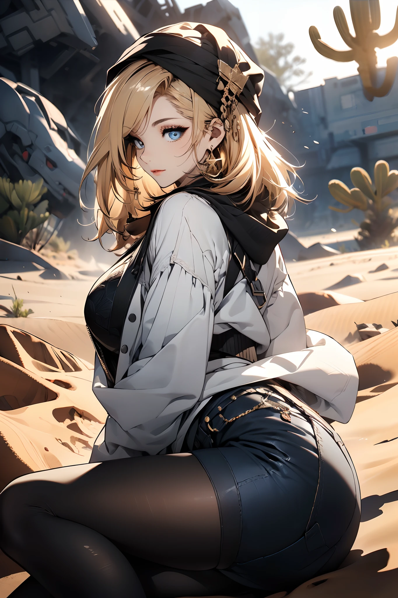 a matured woman with long black hair and a white outfit, ((in a desert:1.5)), (resting in oasis:1.2, at lakeside:1.2, sitting cross-legged:1.0, with Indian style), Arabic, (Post apocalyptic:1.0), from arknights, artwork in the style of guweiz, bodyesbian, fine details. girls frontline, beautiful anime illustration, from girls frontline, by Yang J, stunning, 26 years old, (solo:1.5), (sfw:1.25), sagging breast, large breasts, big tits, thin waist, big ass, Raised sexy, (dark mahogany medium short hair, updo, hair over one eye, asymmetric hair, Carly hair, low tied),(musulman, white Headscarfs, hair bands, head vandage, Turban), (ultra high resolution, 8K RAW photo, photo realistics, weak outline:1.3, clear focus), best qualtiy, natural lighting, blurry back ground, field depth, (Bright pupils, detailed beautiful eyes, high detailed face), Red lip, looking at viewers, (tight focus:1.2, from above), sexy posing, seductive weak smiling, center image, (wearing white long jacket and clothes, wearing white robes, wearing denim short pants, gold ornaments, white clothes rolling around waist, camel-brown long leather boots, translucent lace pantyhose), ((correct anatomy:1.5)), ((outdoor:1.2)),