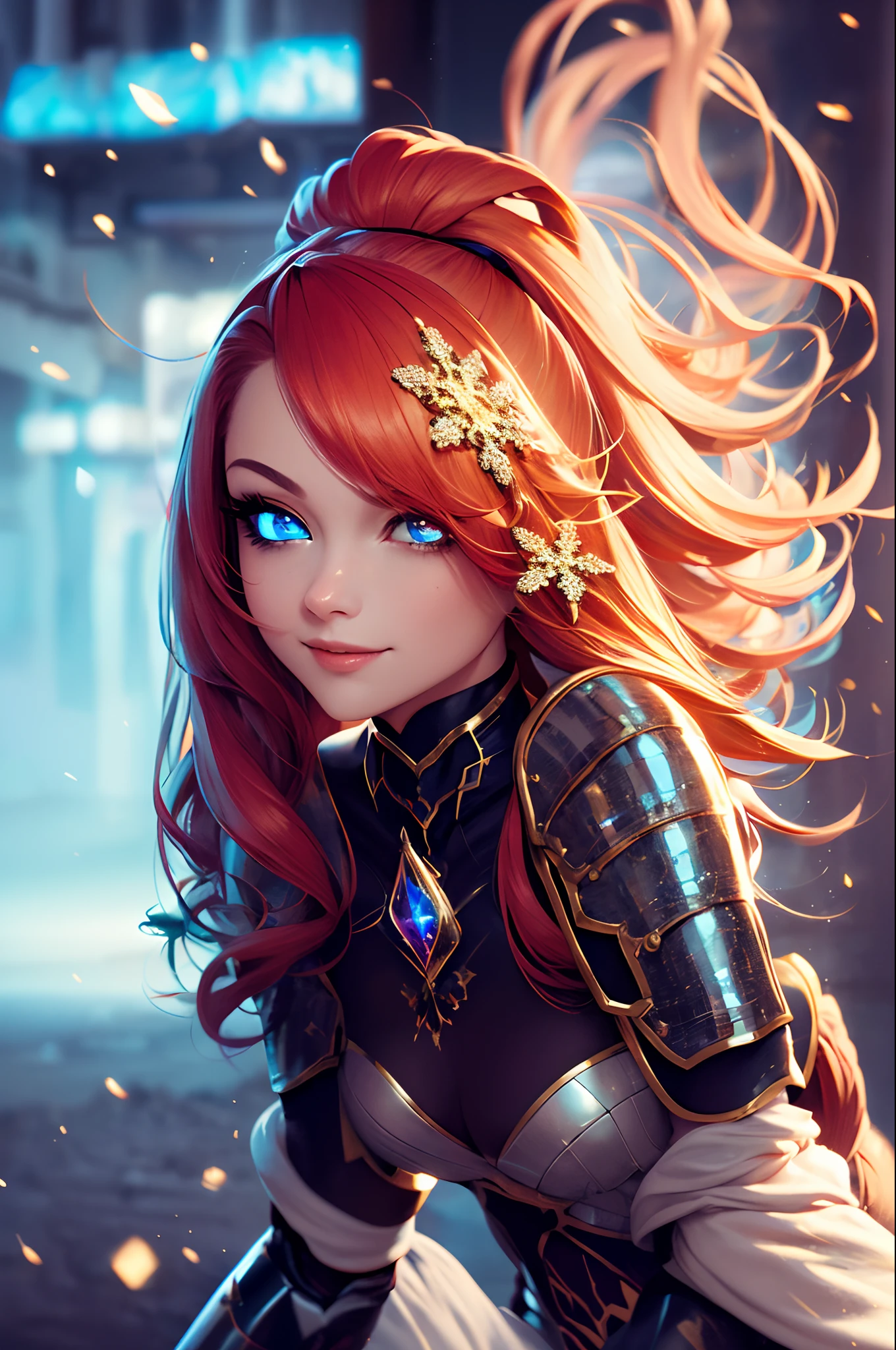 Neon,sky, crystal clear eyes, reflection, flowing hair, smile, armour, sexy, girl, ember, hair, cyber city, backrground, shadow, gold, gems, windy, snowflakes,