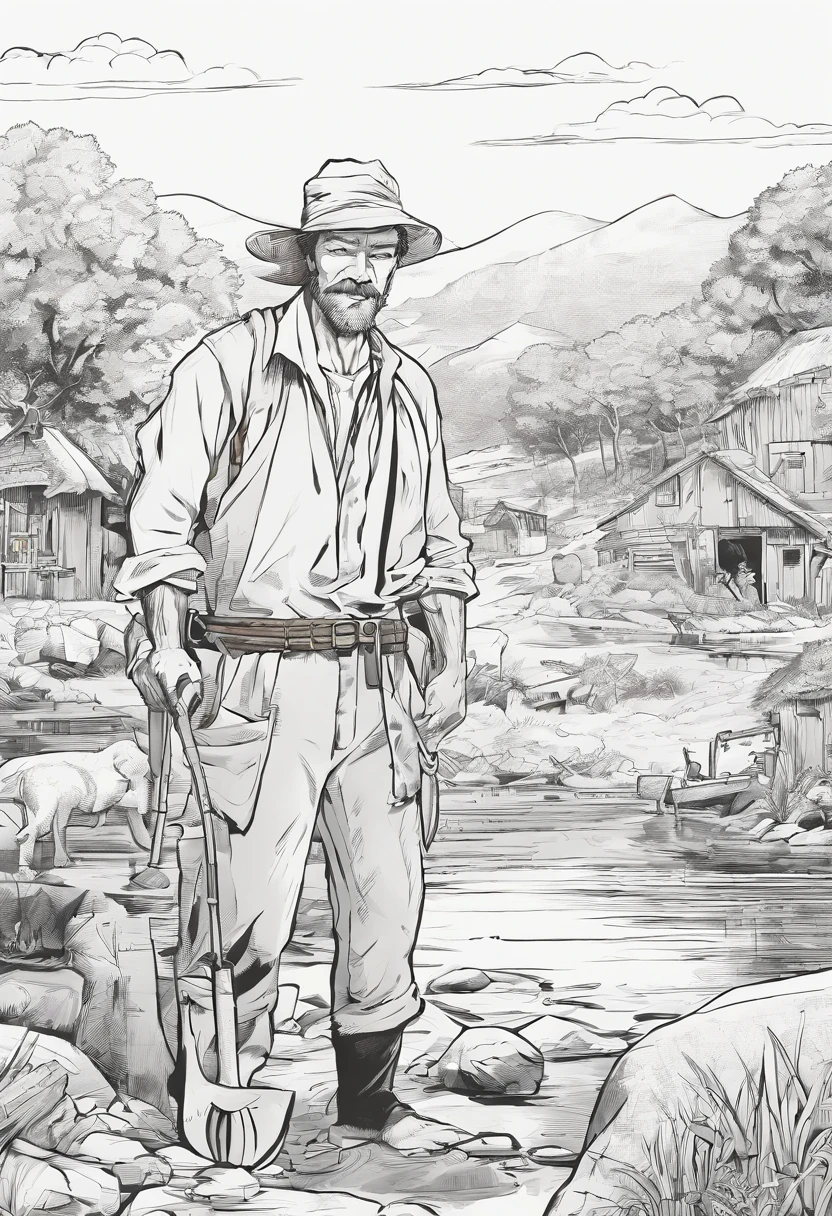 Man dressed as a peasant and looking tired, With a digger in his right hand, He finds himself digging an artesian well in search of water, perto de sua aldeia., Peasant, commercial illustration, In a village without water, Peasant style, comiс style , Retrato Trabalhador do campo bela linha de arte, black and white comic style, Manga style, Manga art style, Caricature drawing in pencil and ink, black and white coloring, estilo minimalista.