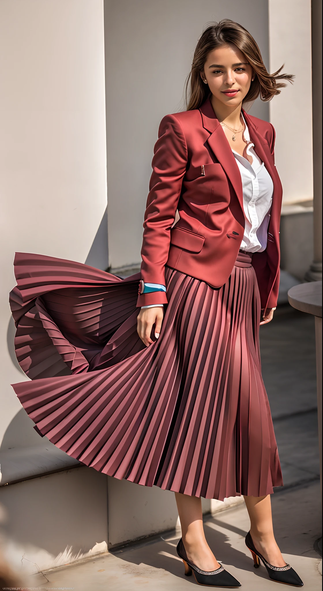 (seductive:1,9) young girl playing with skirt, dancing, wearing short blazer and very very detailed (long (fully pleated) full circle skirt) and (simple) low heeled office shoes, very very intricate hyper-detailed symmetric (attractive graceful young feminine face) with (sad, tired eyes and a shy smile), large breasts, full of empathy and compassion and love, (pronounced (feminine) features), (highly detailed ultra accurate realistic) hands and fingers, (windy conditions and wind blowing), epic composition, highly detailed attributes, highly detailed space station background, (35mm f1.4 Kodak portra 400 photograph), extremely high quality RAW photograph,
