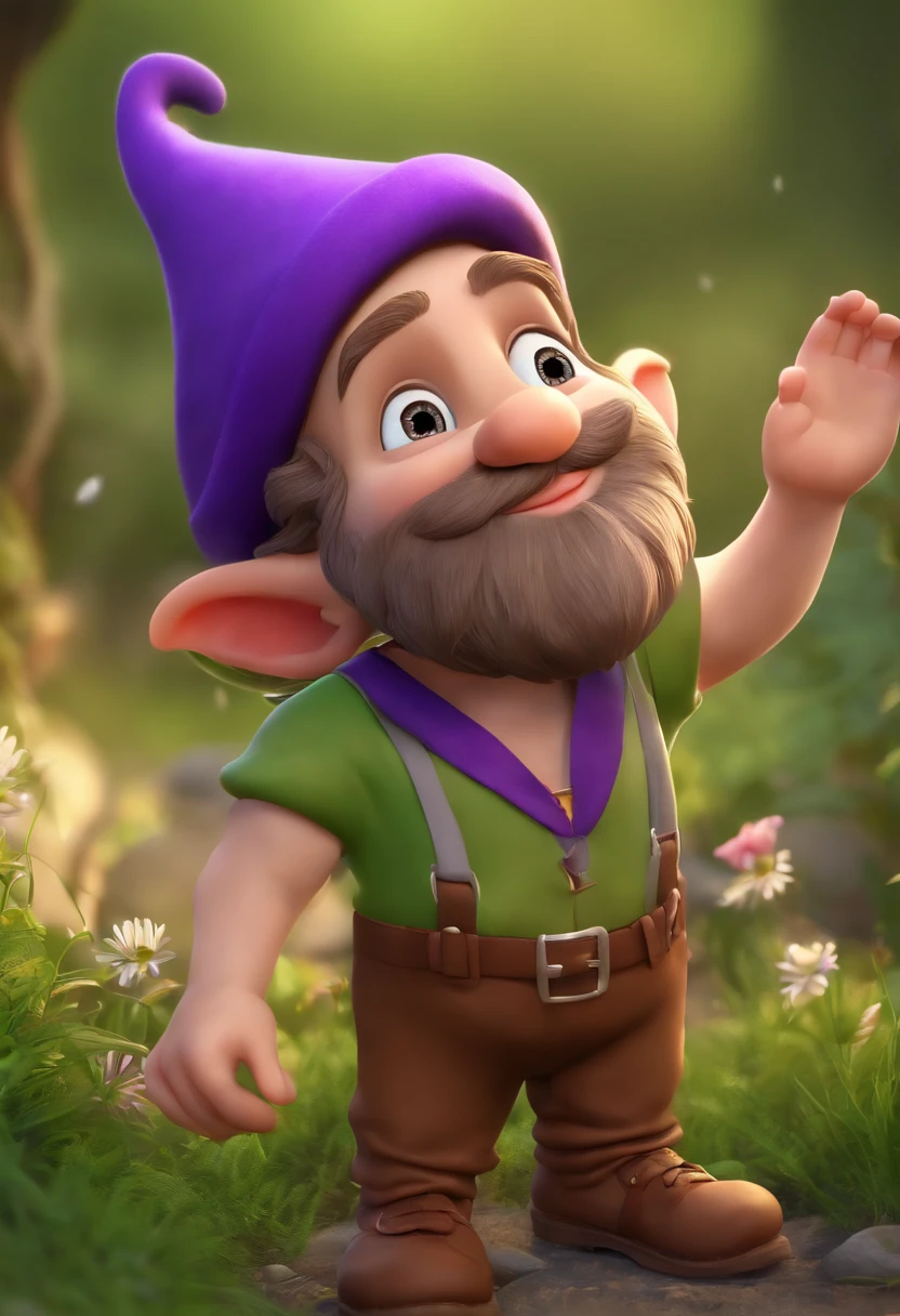 (best quality,ultra-detailed,realistic),Dunga,the dwarf,having beautiful detailed eyes,detailed lips,extremely detailed eyes and face,long eyelashes,1.2,portrait,garden scene,illustration,green grass background,small size,lush vegetation,enchanted atmosphere,vivid colors,purple hat,brown shoes,light brown beard,tiny physique,fair skin,brown eyes,pointy nose,7 dwarfs,green shirt,purple hat,tall ears