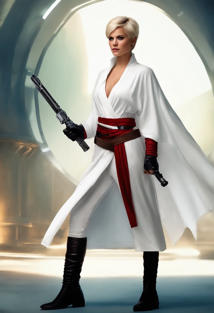 Female Jedi, Very short blonde hair, wearing white Jedi robes, red arm band on right arm, black gloves, black boots, Adult.