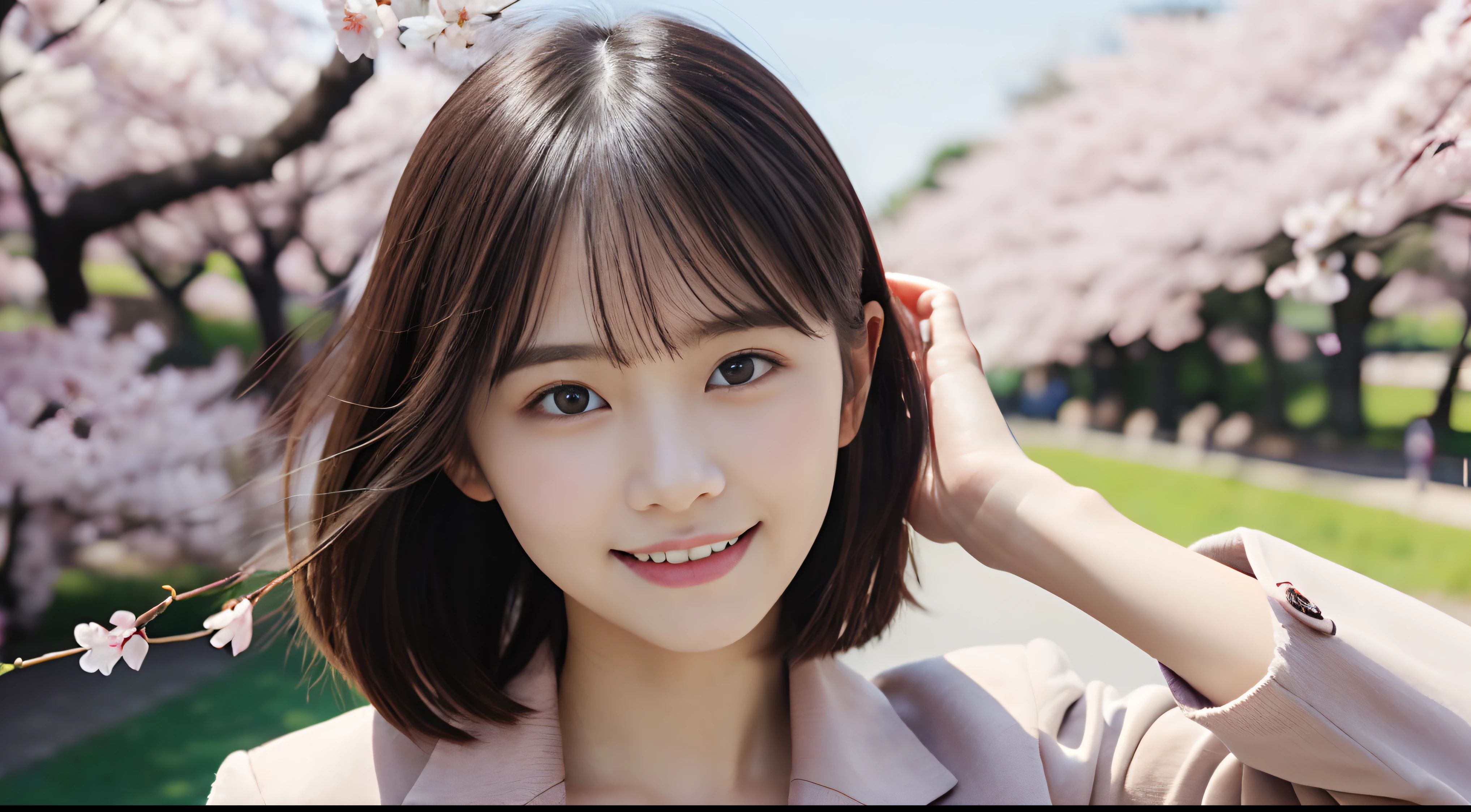 (Close up portrait of girl with slender small breasts and short hair in pastel colored sweaters and shirts:1.5)、(A girl turns around with small smile and her hair fluttering :1.5)、(Rows of cherry blossom trees in full bloom and cherry blossom petals dancing in the wind:1.5)、(Perfect Anatomy:1.3)、(No mask:1.3)、(complete fingers:1.3)、Photorealistic、Photography、masutepiece、top-quality、High resolution, delicate and pretty、face perfect、Beautiful detailed eyes、Fair skin、Real Human Skin、pores、((thin legs))、(Dark hair)