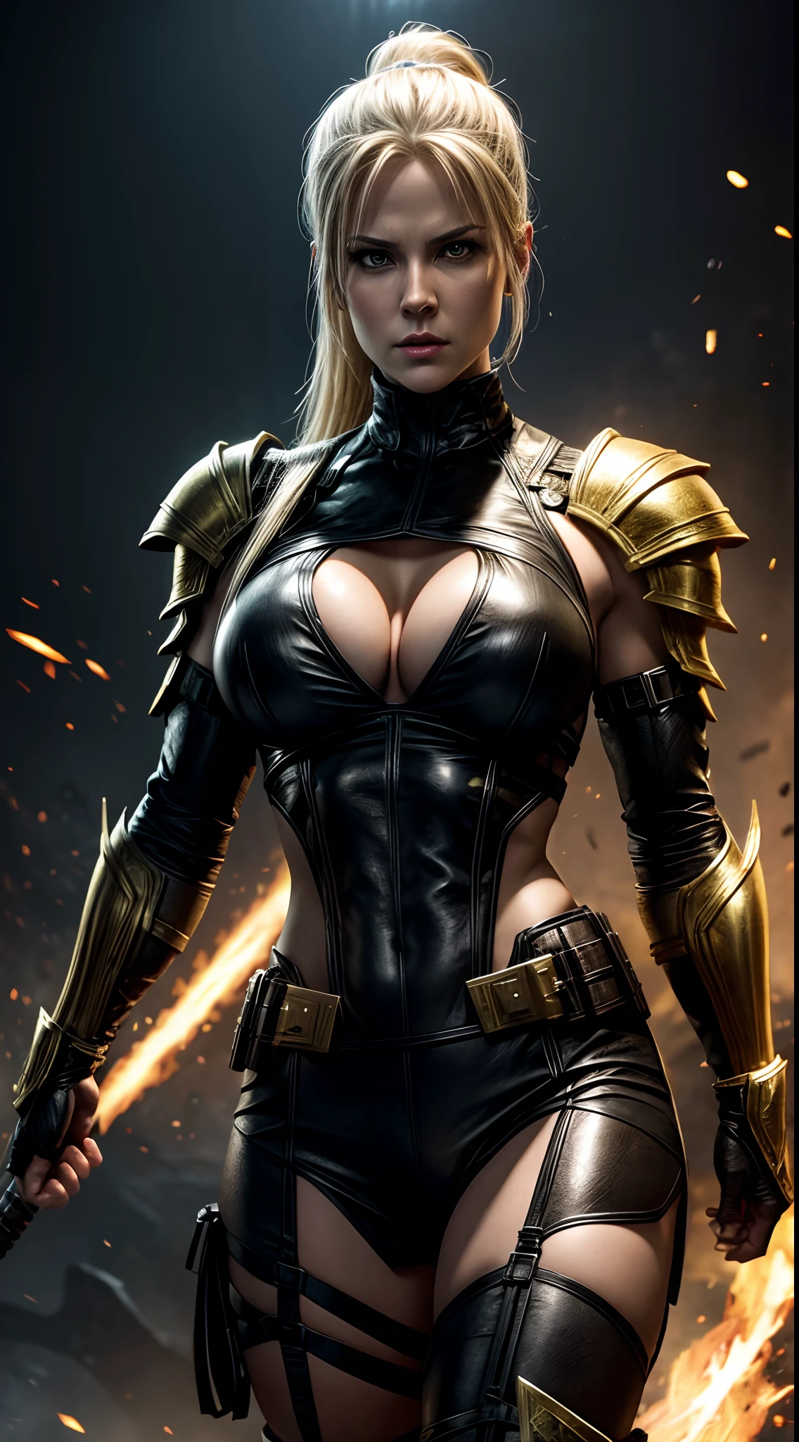 Sonya blade, from mortal Kombat,in golden armor , massive perfect breast, lightning, background, mortal Kombat dragon,
