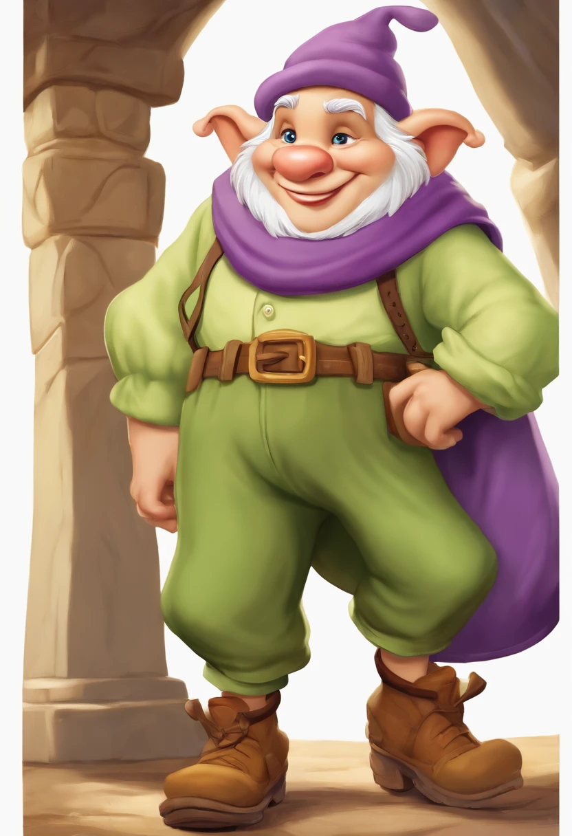 (best quality,highres),Dunga,one of the seven dwarfs,small in stature,with large ears,wearing a light green shirt,a purple hat,and brown shoes.