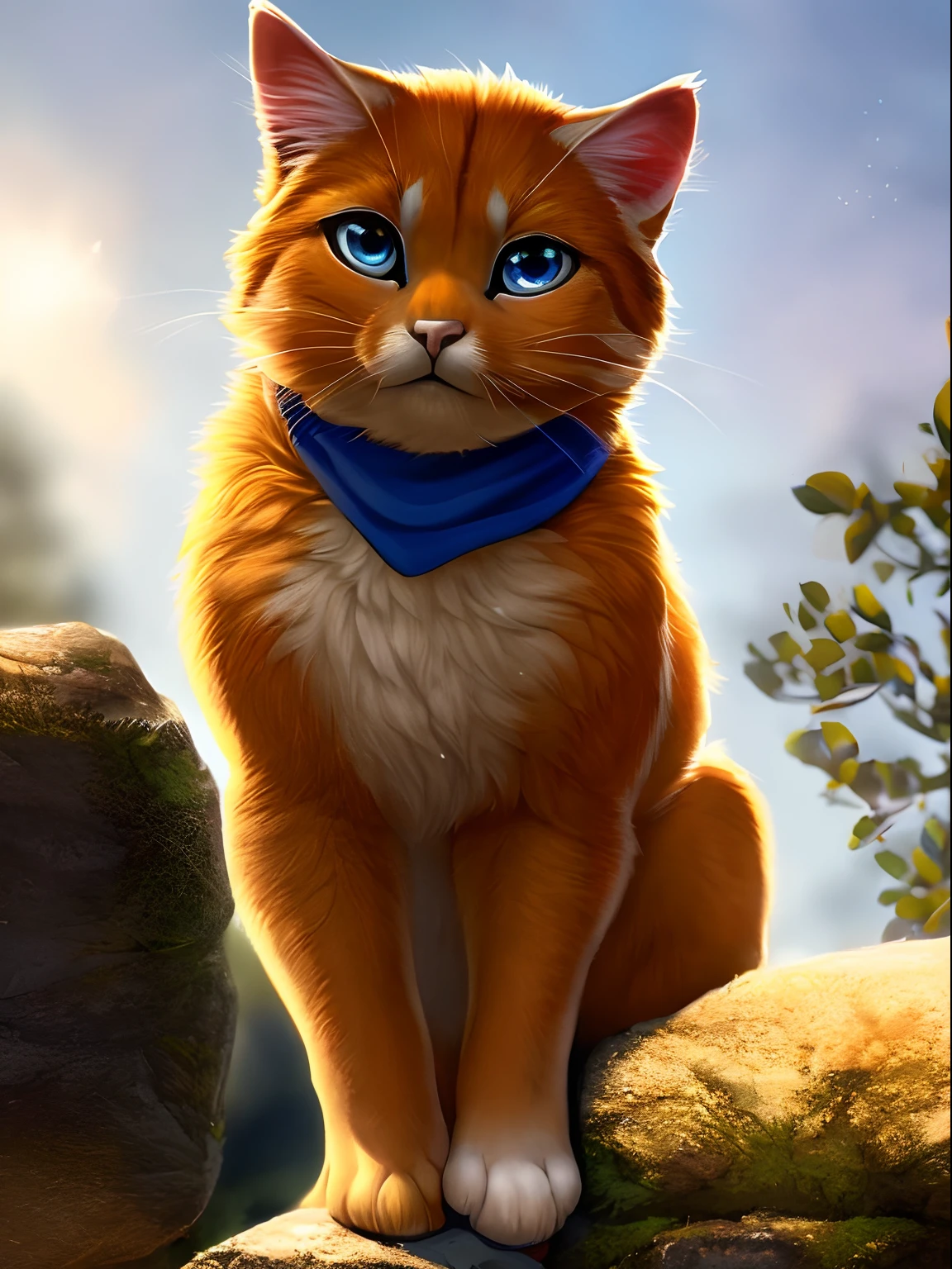 cinematic lighting, detailed background, depth of field, solo, (best quality, ultra detailed, sharp:1.3), masterpiece, 8k, 4k, solo, ((hyper realistic)), natural lighting, extremely detailed fur, windy background, detailed eyes, blue eyes, (Ginger cat), (blue scarf), blue pinwheel, ((realistic)), sfw, ((by Katie Hofgard)), Katie hofgard, (((feral))), ((ambiguous gender)), looking at viewer