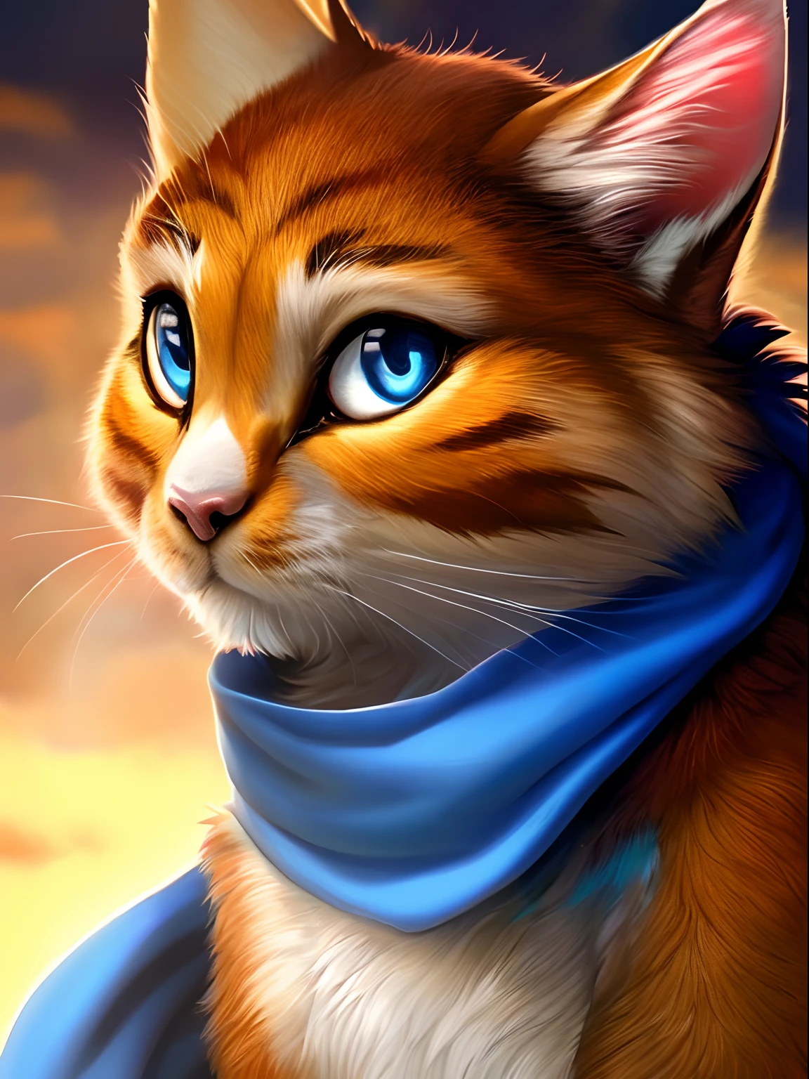 cinematic lighting, detailed background, depth of field, solo, (best quality, ultra detailed, sharp:1.3), masterpiece, 8k, 4k, solo, ((hyper realistic)), natural lighting, extremely detailed fur, windy background, detailed eyes, blue eyes, (Ginger cat), (blue scarf), blue pinwheel, ((realistic)), sfw, ((by Katie Hofgard)), Katie hofgard, (((feral))), ((ambiguous gender)), looking at viewer