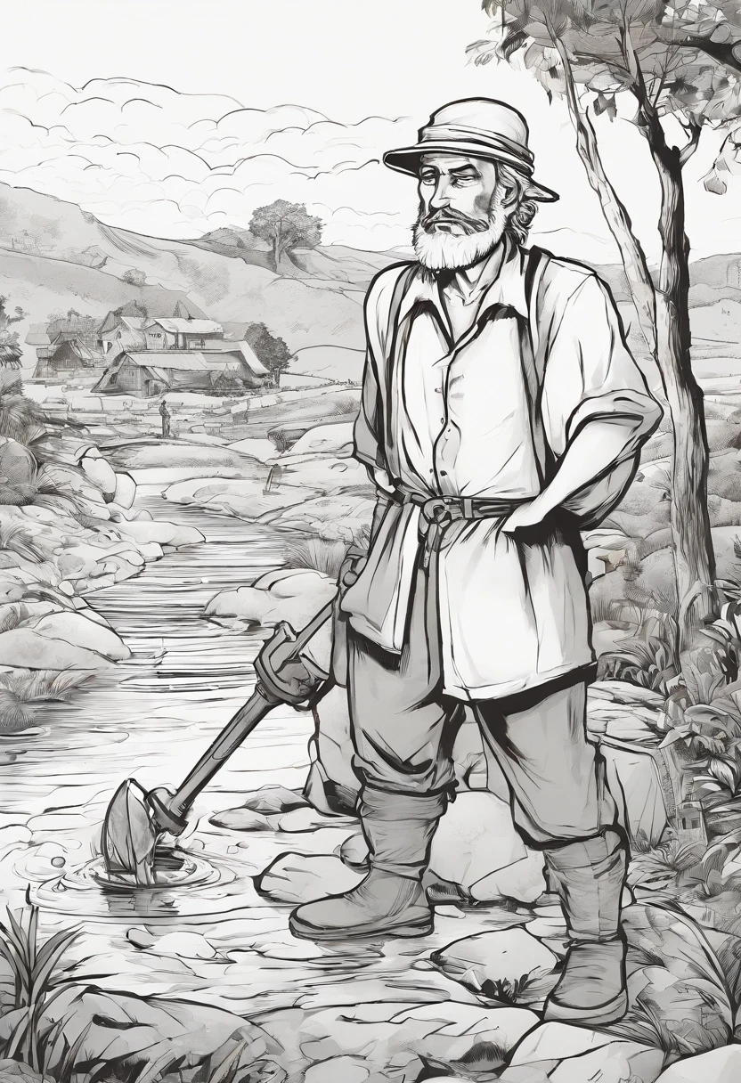 Man dressed as a peasant and looking tired, With a digger in his right hand, He finds himself digging an artesian well in search of water, perto de sua aldeia., Peasant, commercial illustration, In a village vom the peasant-style dry land, comiс style , Retrato Trabalhador do campo bela linha de arte, black and white comic style, Manga style, Manga art style, Caricature drawing in pencil and ink, black and white coloring, Estilo minimalista.