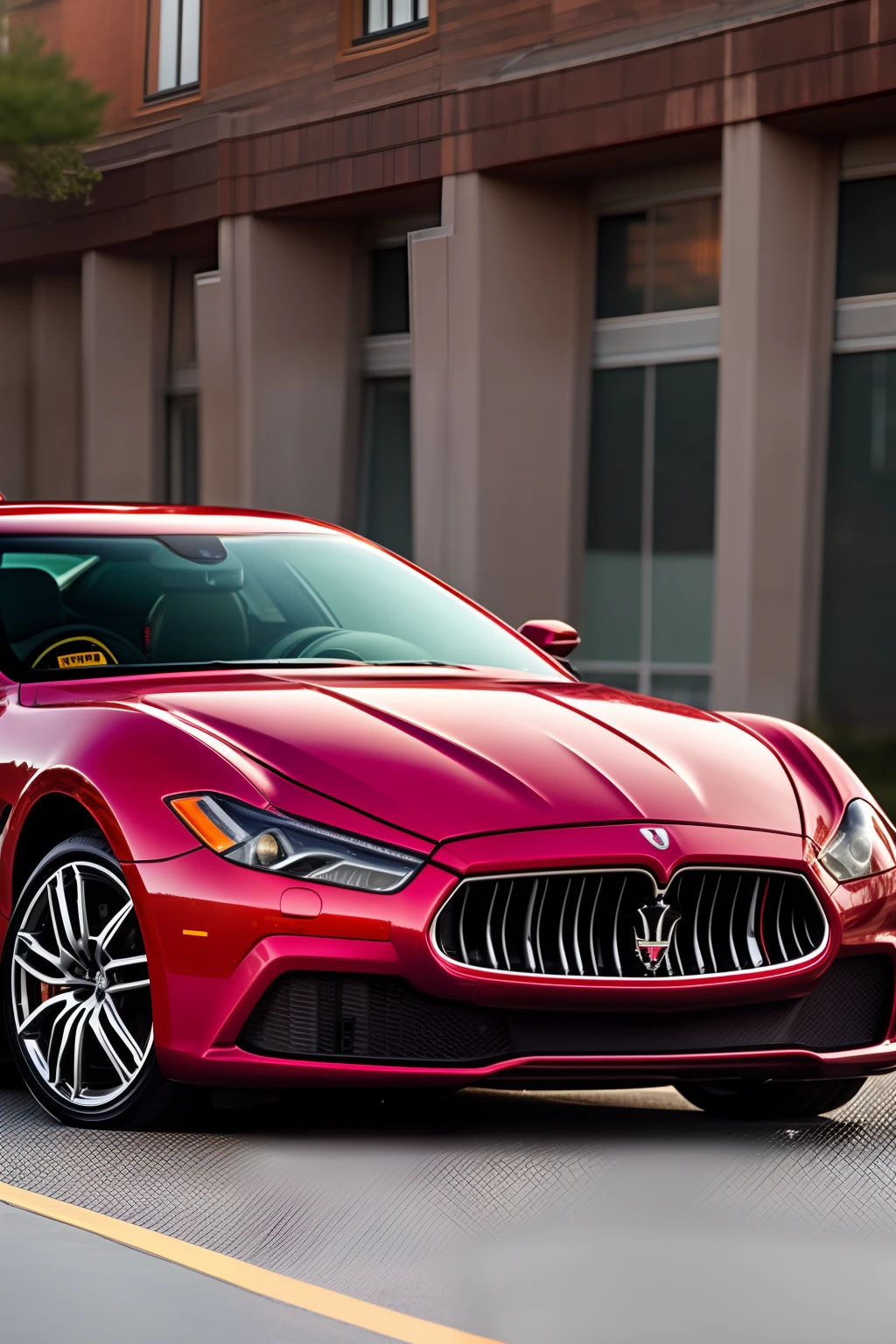 Scarlet and Grey colored car that is a Maserati with a hood ornament that looks like the Ohio state block O logo as the hood ornament changed to spelling Mazerati on the logo